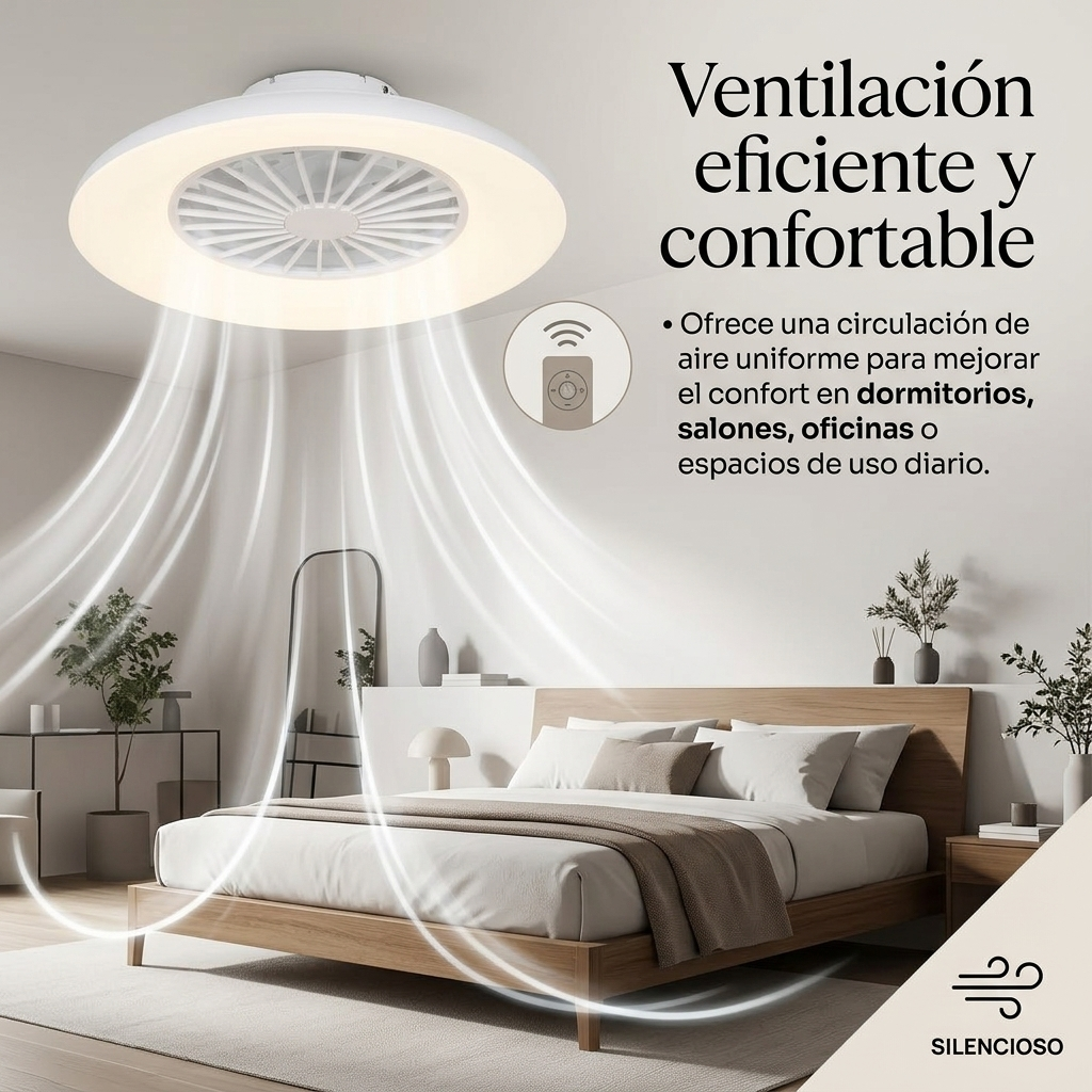 Ventilador de techo con luz sobre una cama, se simula el flujo de aire.