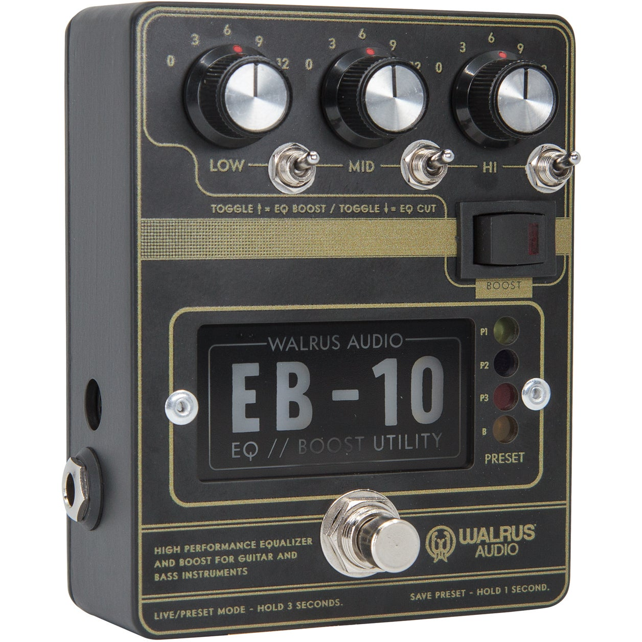A black guitar effect pedal with gold trim, knobs, and switches.