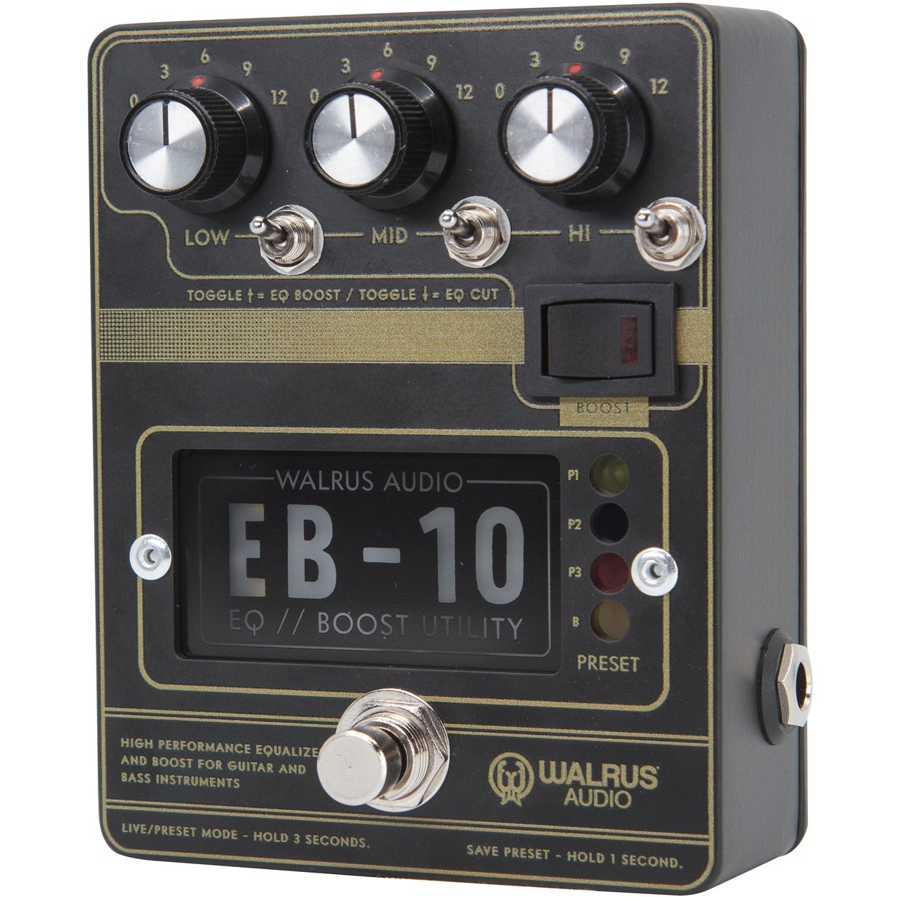 Black Walrus Audio EB-10 EQ Boost Utility pedal with silver knobs and toggles.
