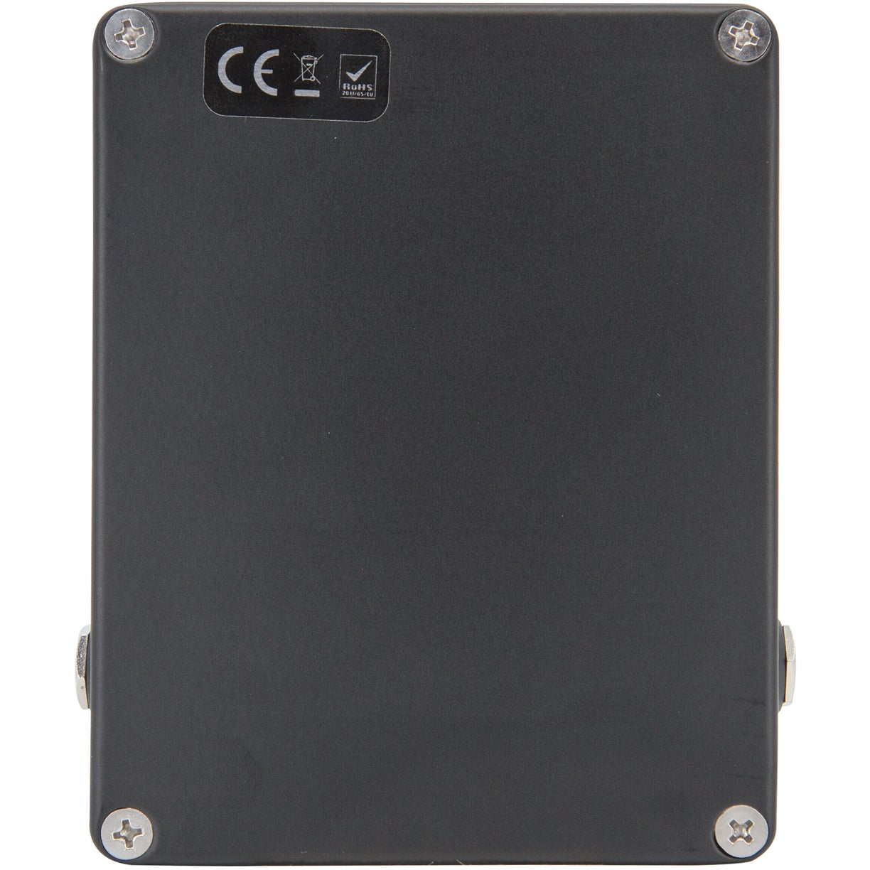 A dark grey metal box with CE and RoHS labels on top, secured by screws.