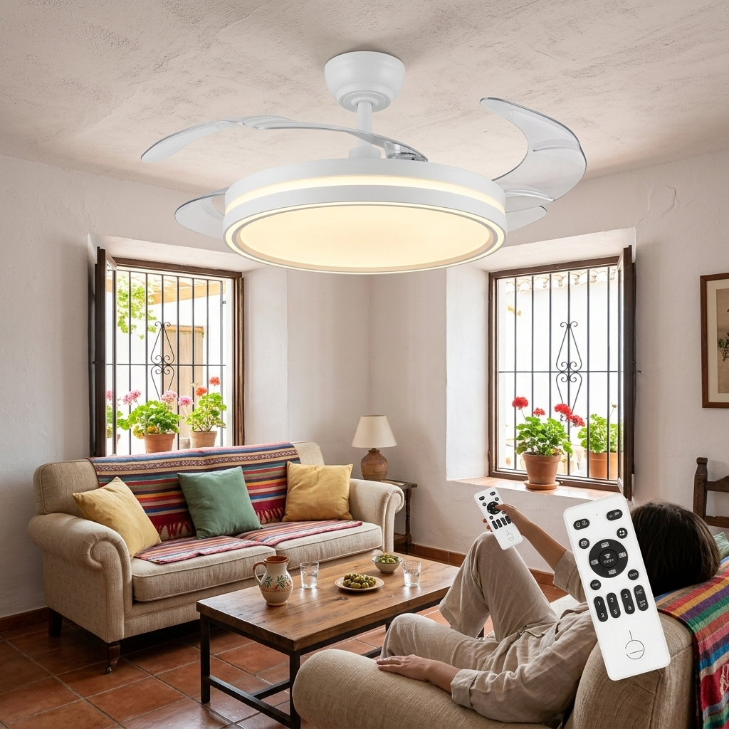 Un ventilador de techo blanco con luz está montado sobre un sofá. Una persona sostiene un mando a distancia.