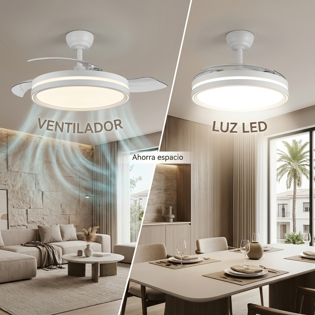 Ventilador de techo moderno con luz LED, mostrando flujo de aire e iluminación.
