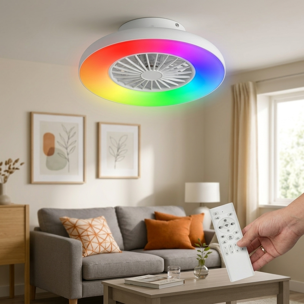 Una lámpara de techo con ventilador y luz LED de colores sobre un sofá.