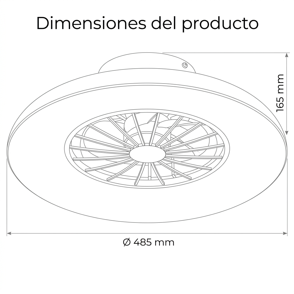 Dibujo técnico de una lámpara de techo con ventilador, diámetro 485mm, altura 165mm.