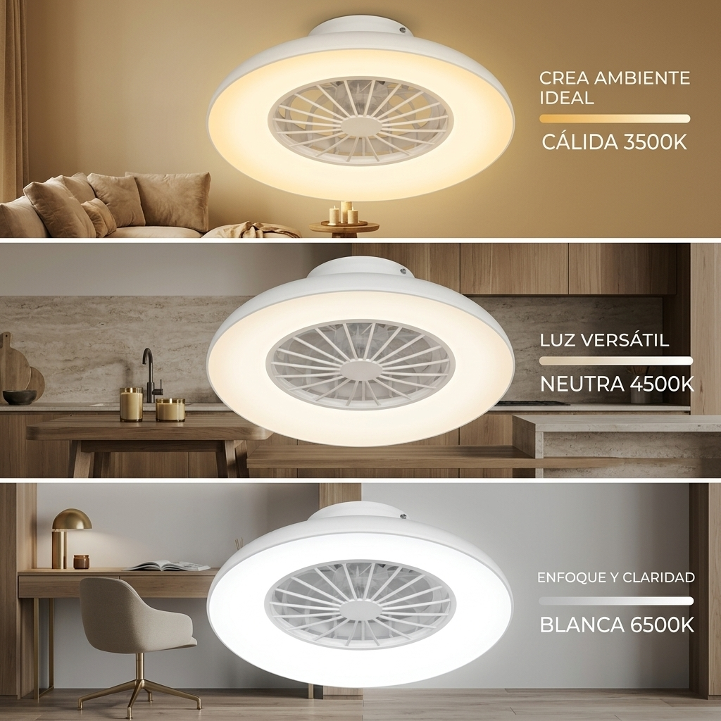 Luz de techo con ventilador en tres modos de luz: blanco cálido, neutro y blanco.