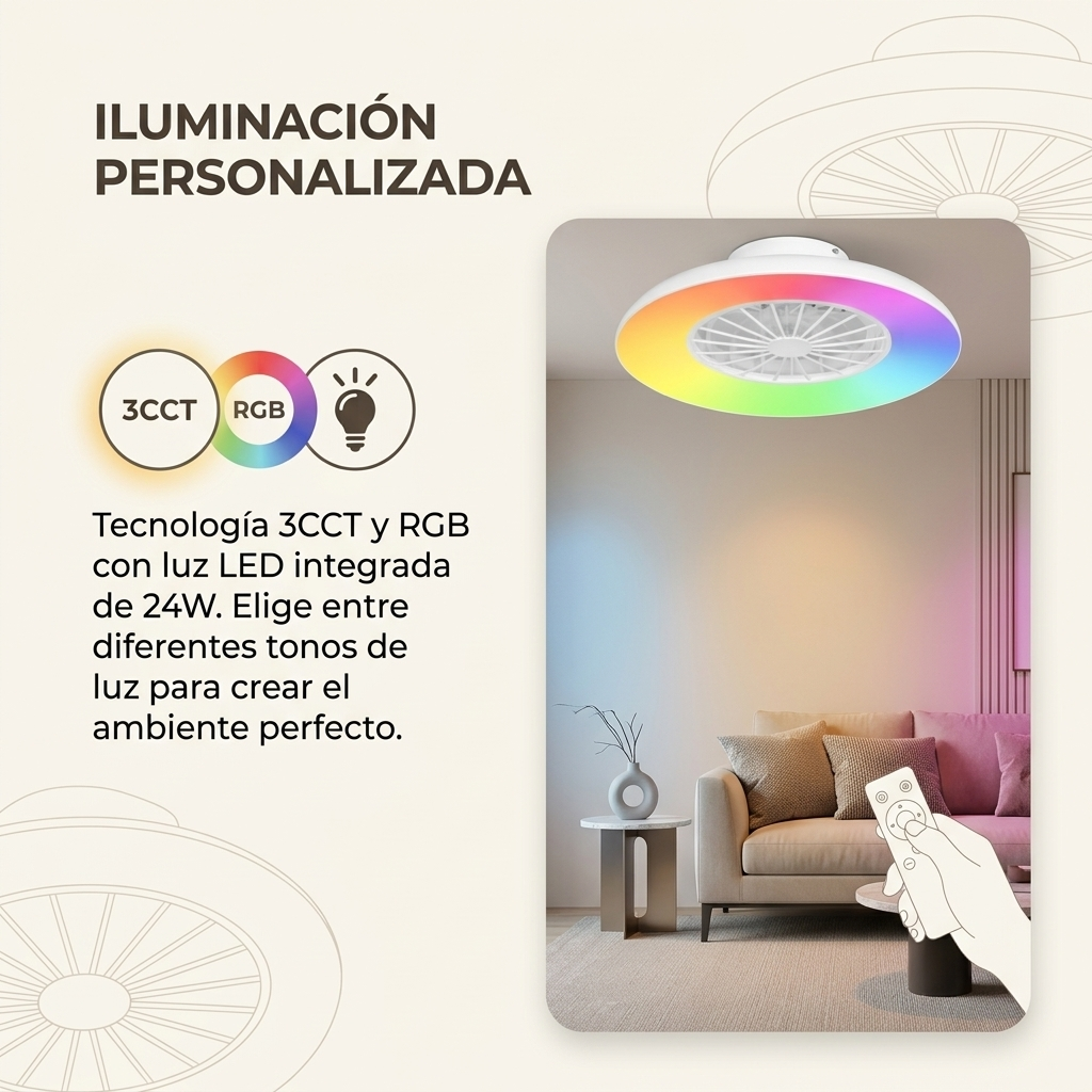 Lámpara de techo con LED RGB y mando a distancia en una sala de estar.