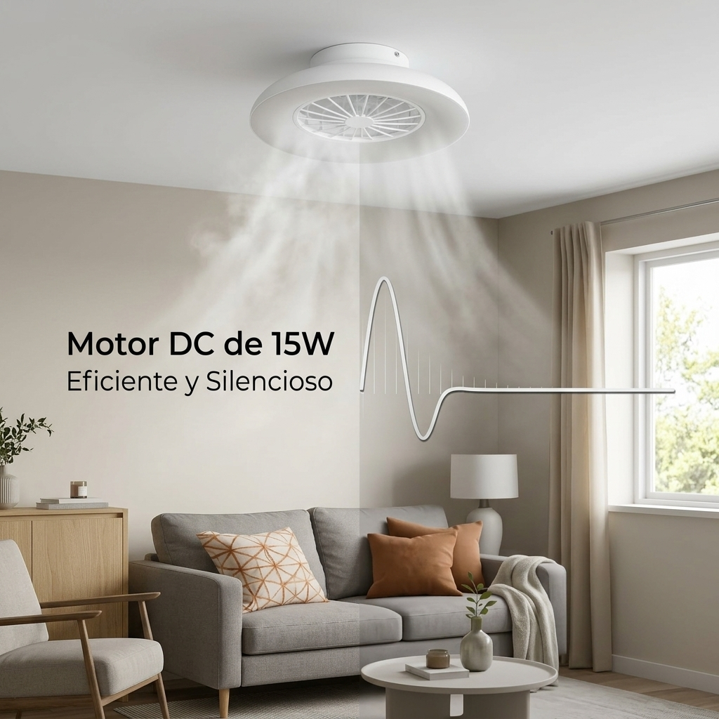 Un ventilador de techo moderno con función de niebla sobre un sofá.
