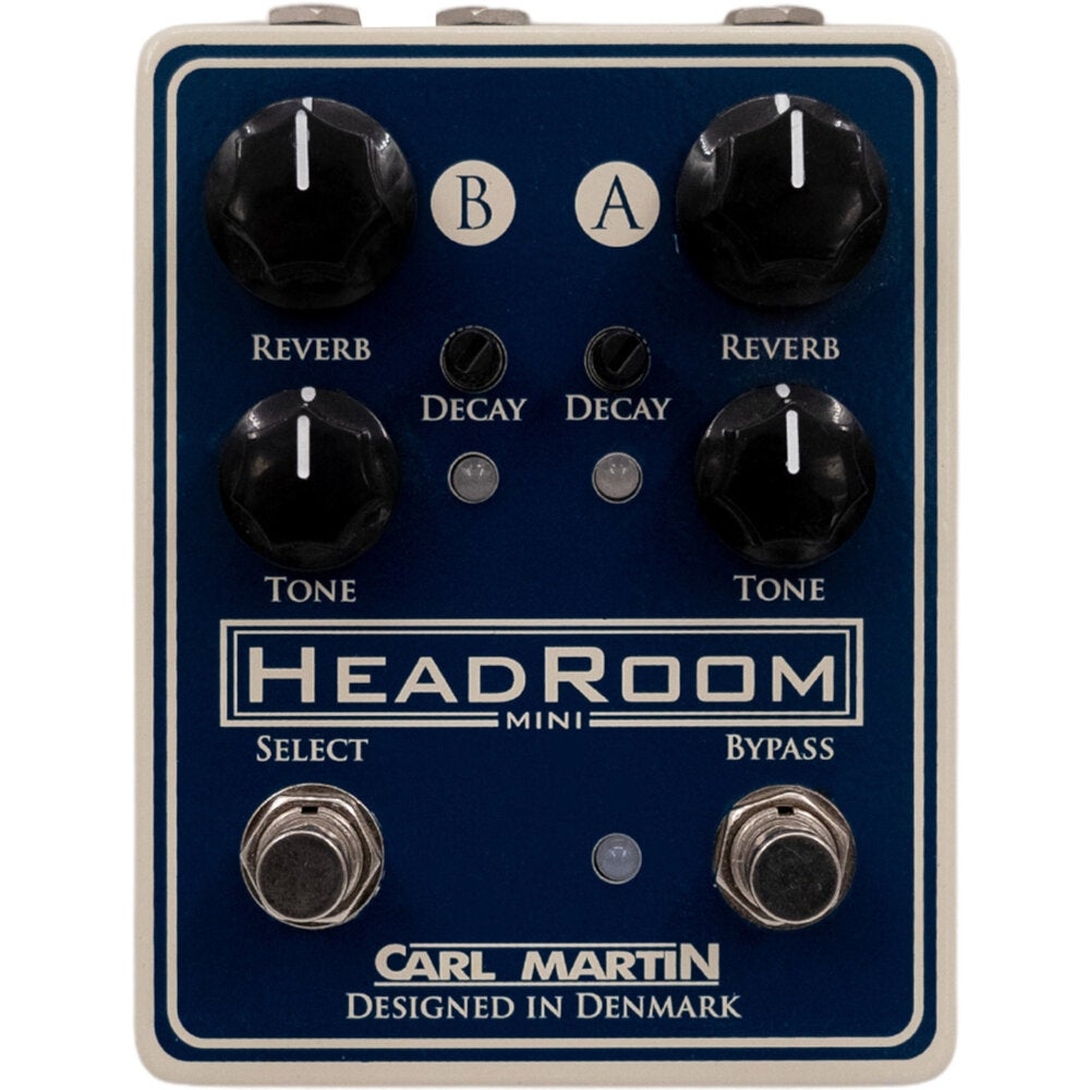 Blue guitar pedal with four knobs, two footswitches and text 'HEADROOM MINI'.