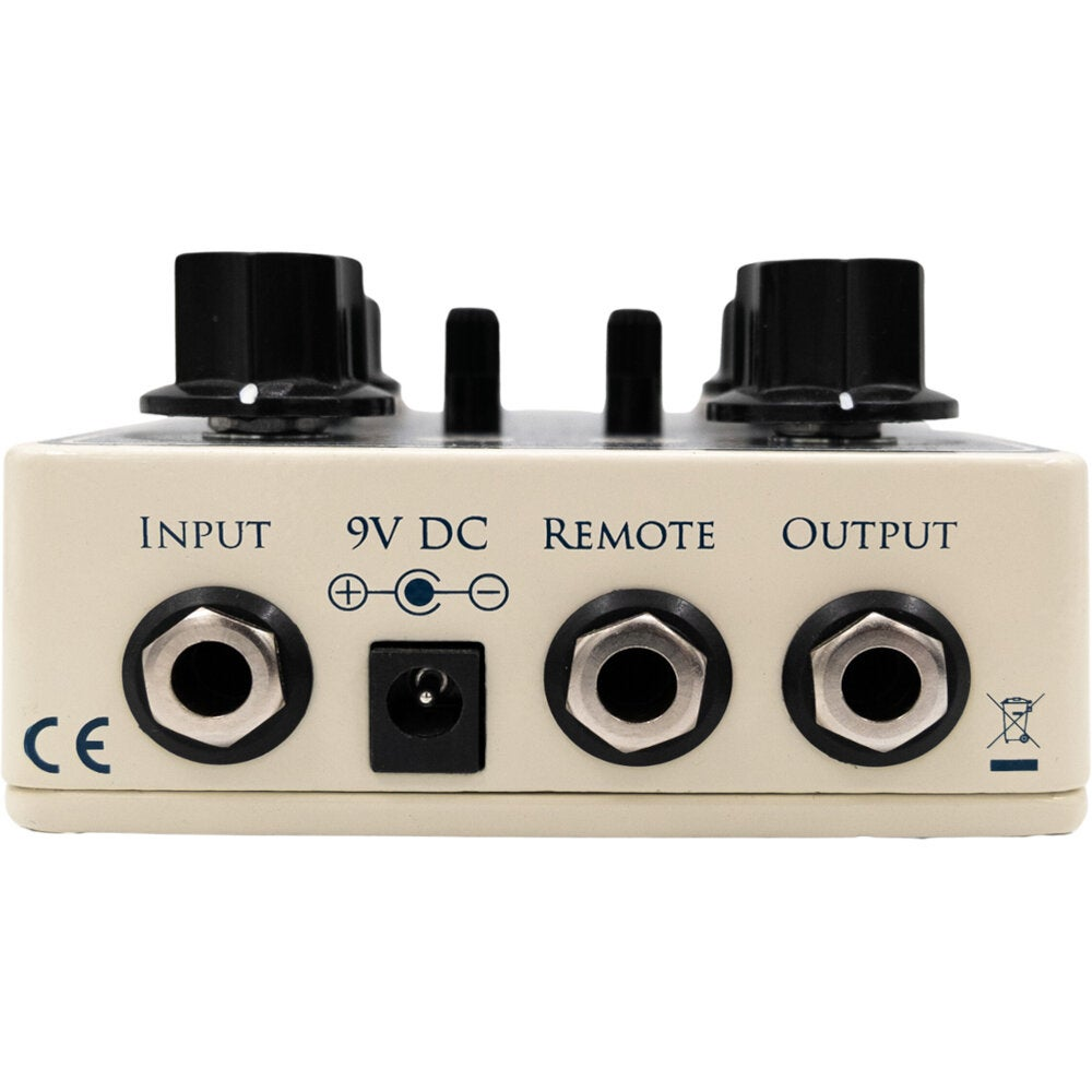 A cream-colored pedal with input, 9V DC, remote, and output jacks and knobs.