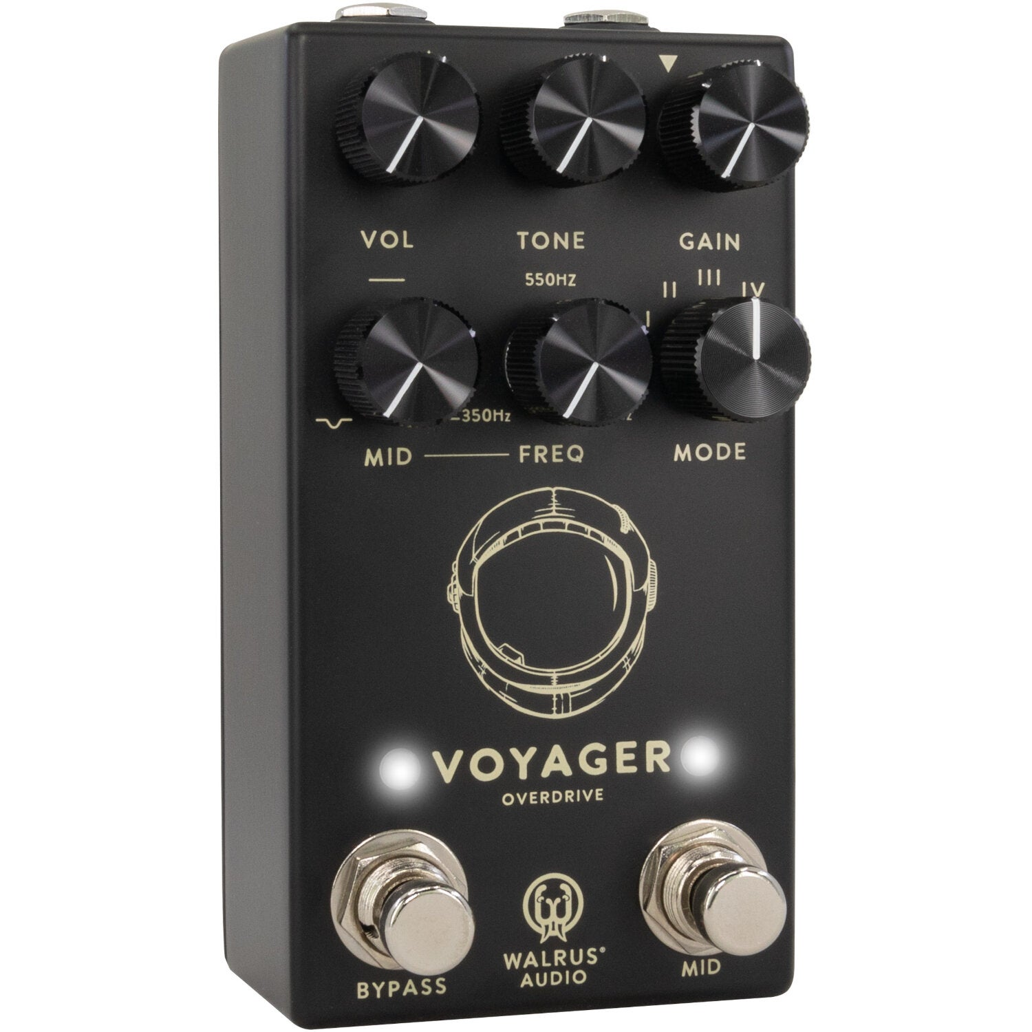 Black overdrive pedal with knobs, lights, and astronaut logo.