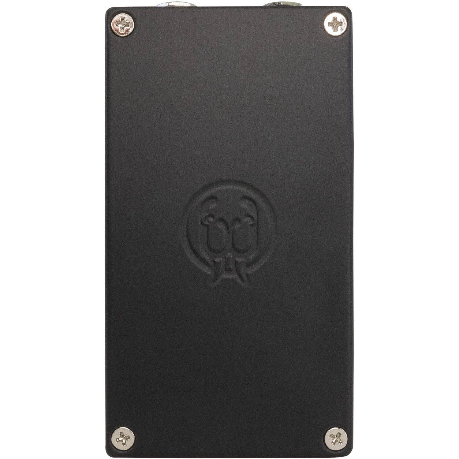 Black rectangular box with embossed logo in the center and screws on the corners.