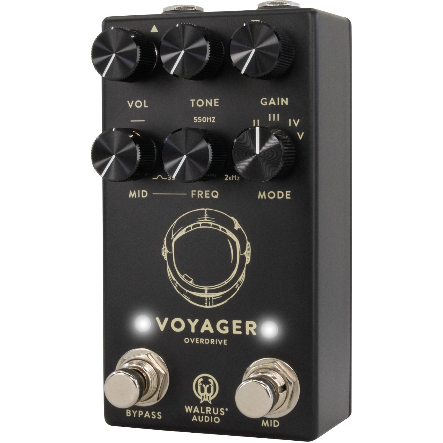 Black overdrive pedal with gold text: VOL, TONE, GAIN, MID, FREQ, MODE. Two footswitches.
