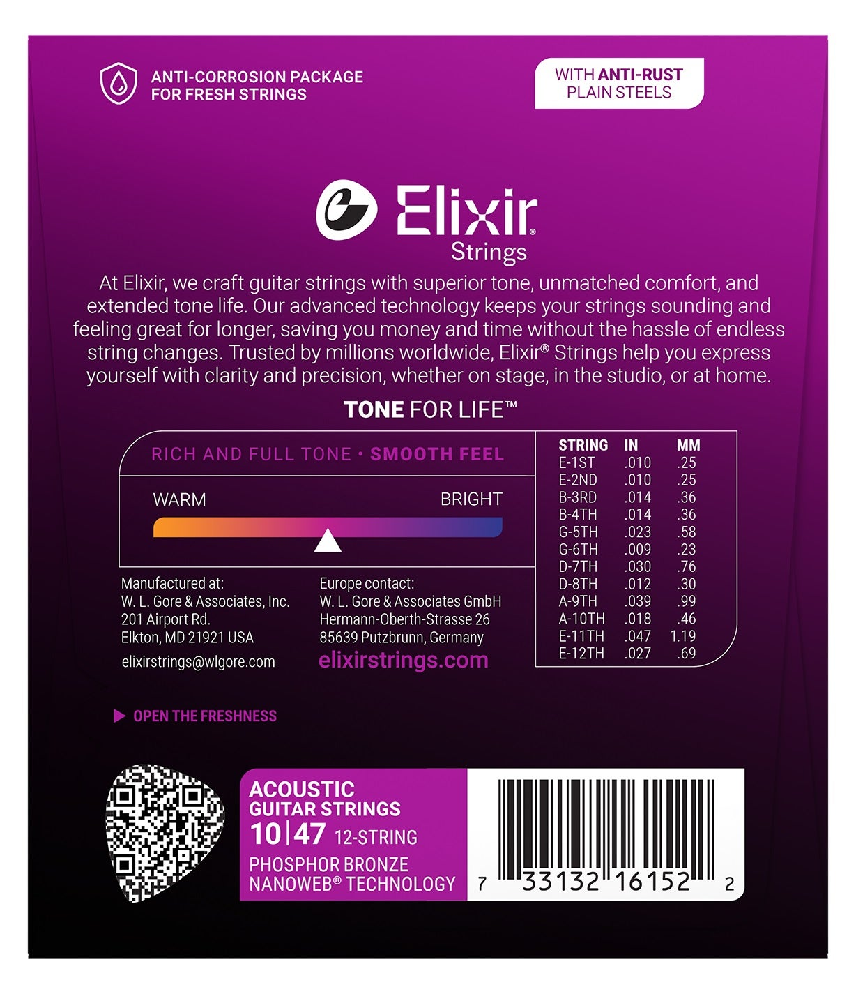 Elixir Acoustic Guitar Strings 10/47, 12-String, Phosphor Bronze, Nanoweb Technology.