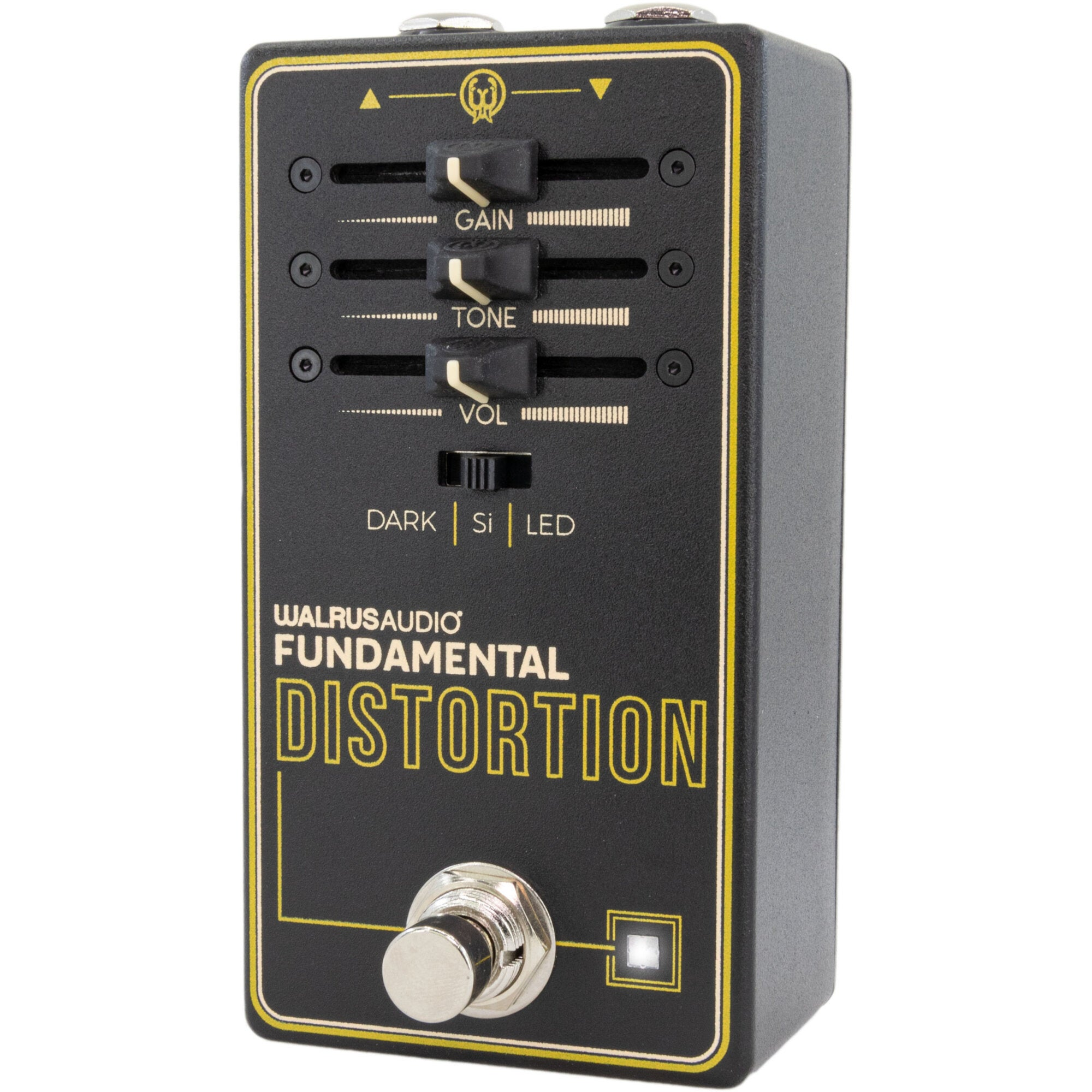 A black Walrus Audio distortion pedal with yellow accents and knobs.
