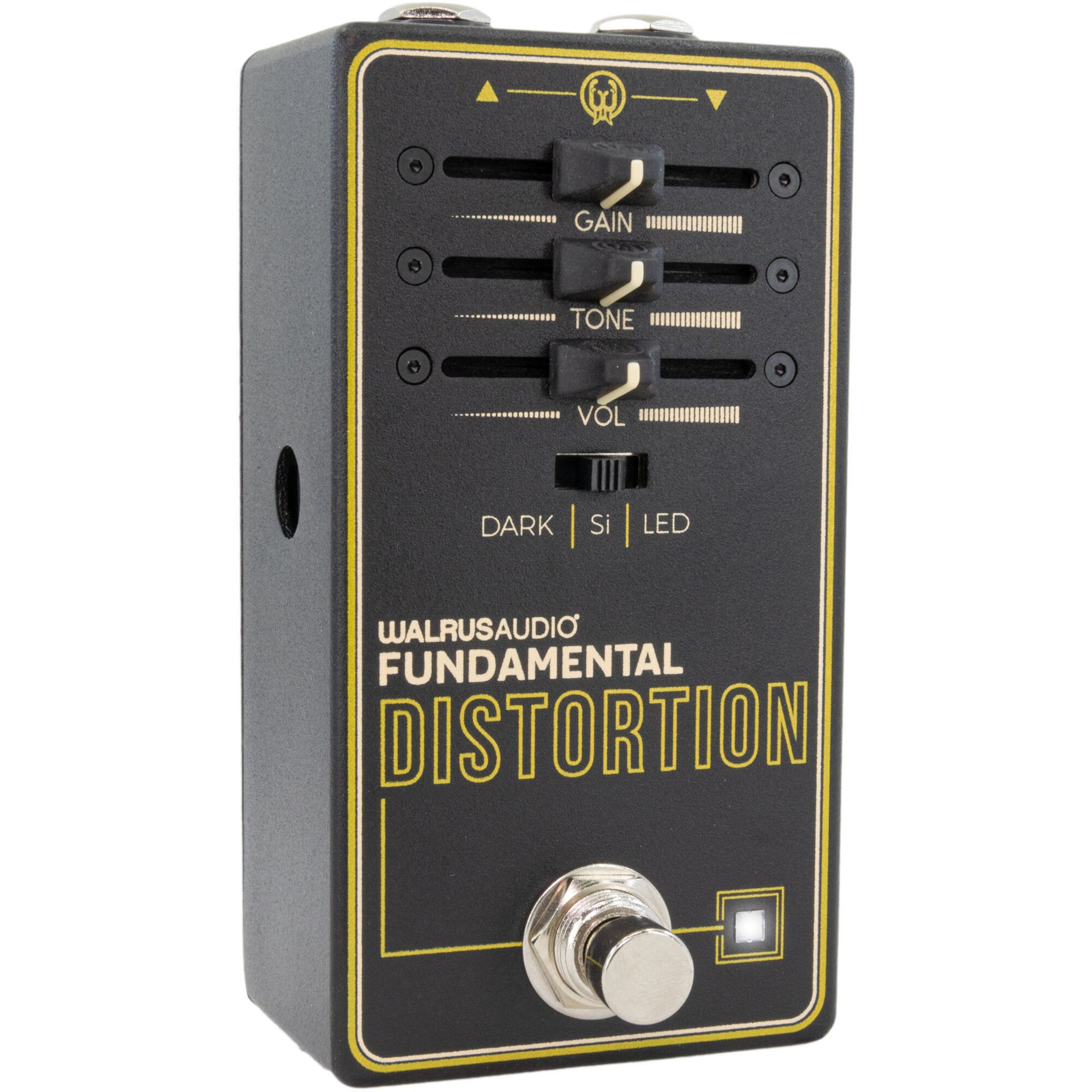 A black guitar effect pedal with yellow accents, featuring gain, tone, and volume knobs.