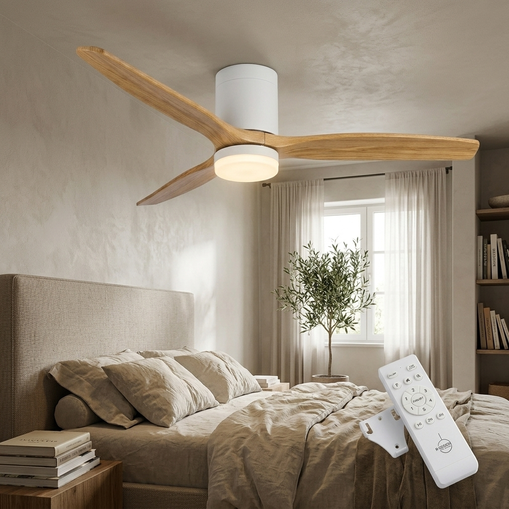 Dormitorio moderno con ventilador de techo, cama y mando a distancia.