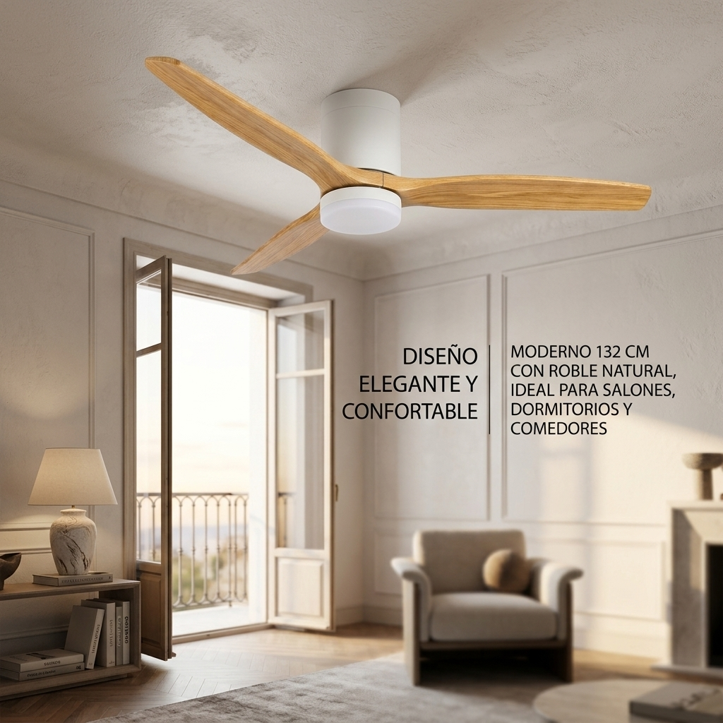 Un ventilador de techo moderno con aspas de madera y luz integrada.
