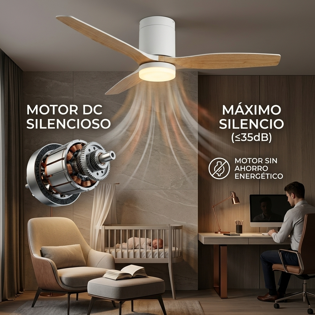 Ventilador de techo con luz y motor DC, muestra interior con bebé y hombre en escritorio.