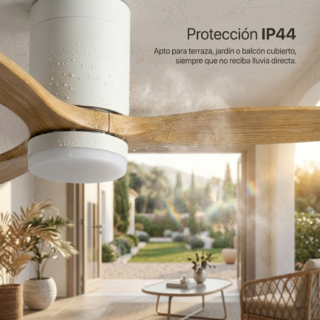 Ventilador de techo blanco con aspas de madera y luz exterior, protegido salpicaduras.