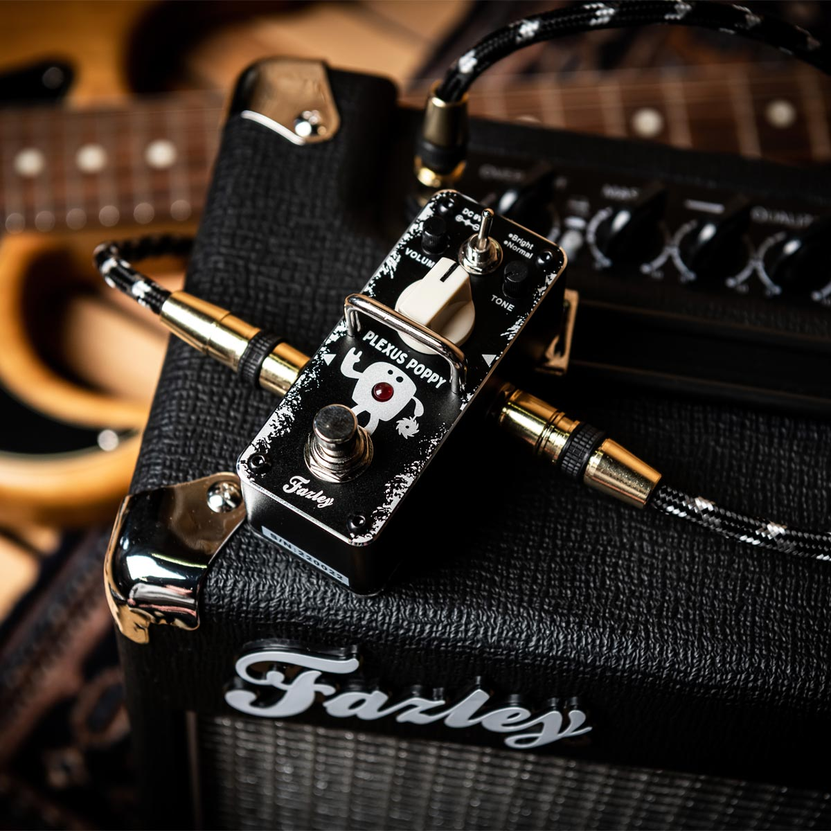 A black guitar effect pedal named "Plexus Poppy" sits on a black amplifier.