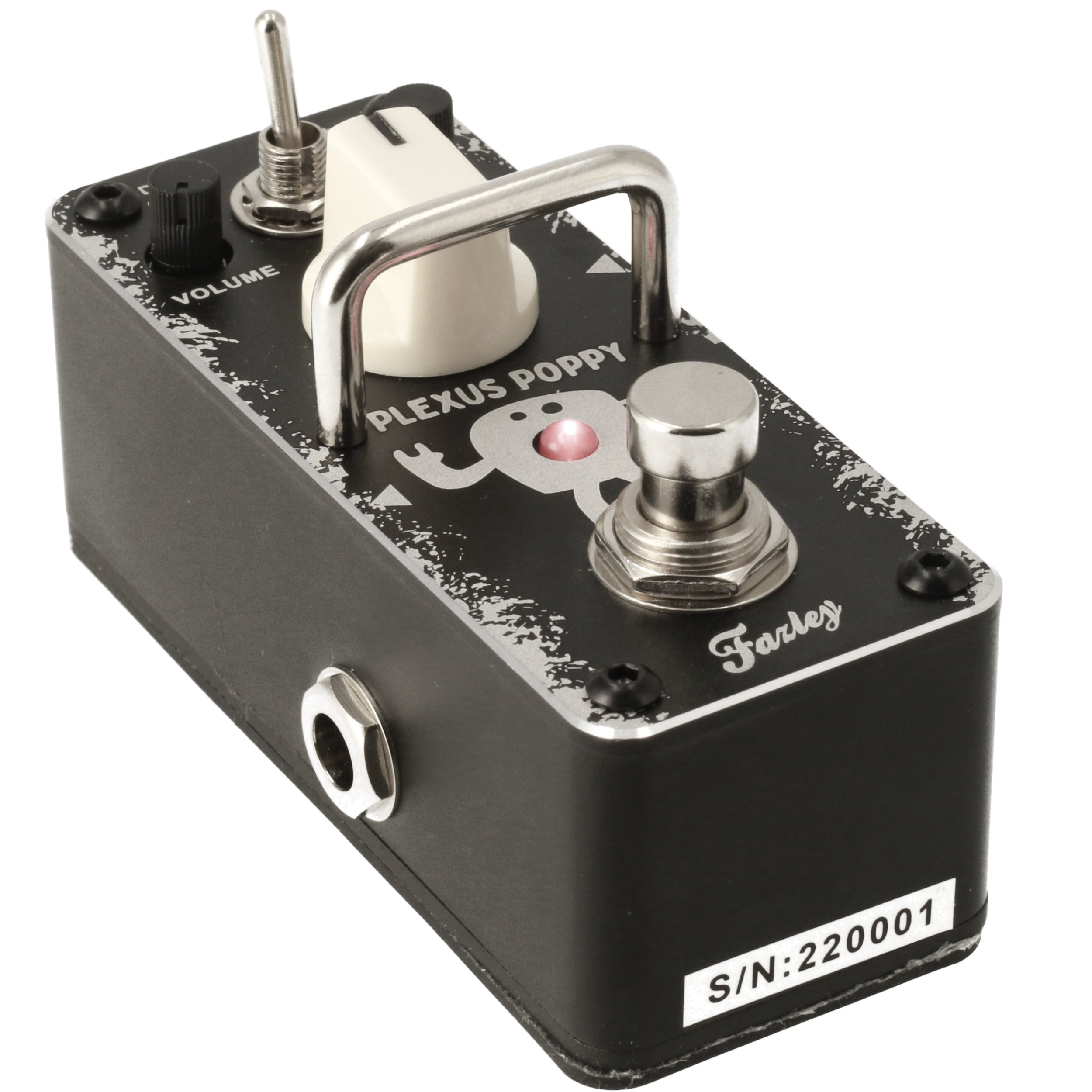 Black effect pedal with knob, toggle switch, footswitch, and LED light.