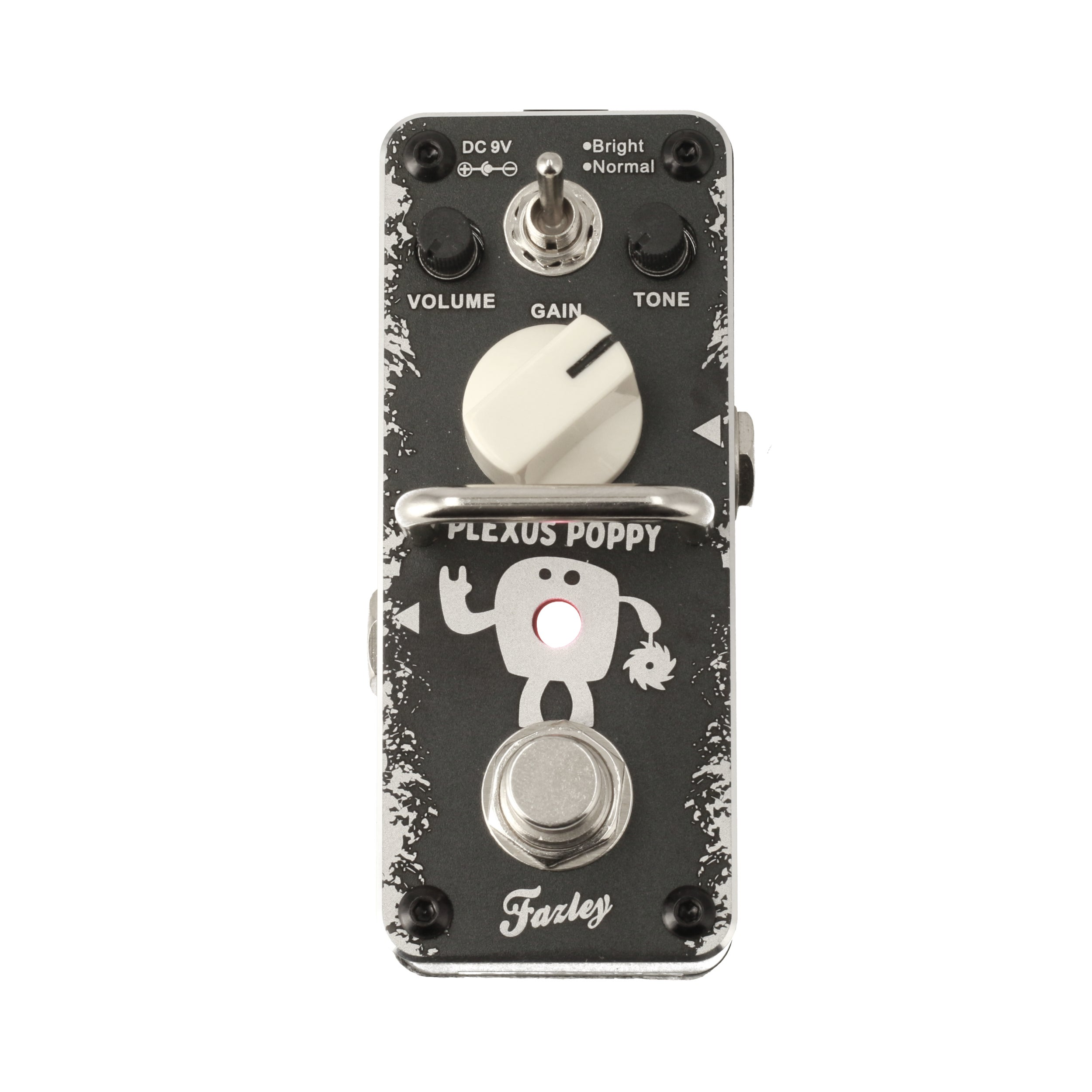 A black and silver guitar pedal with knobs, a toggle switch, and a cartoon character.