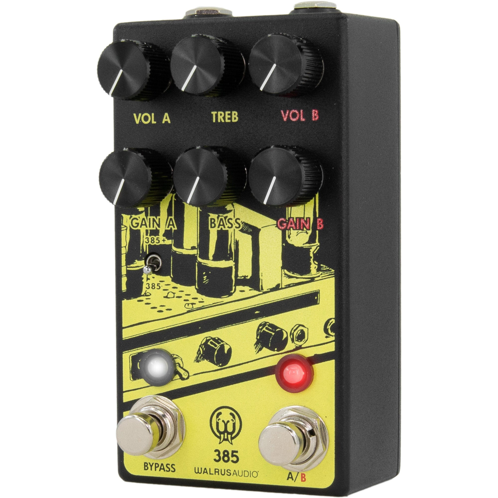 Black guitar pedal with yellow graphics. Features knobs for Vol A, Treb, Vol B, Gain A, Bass, Gain B. Has bypass and A/B footswitches.