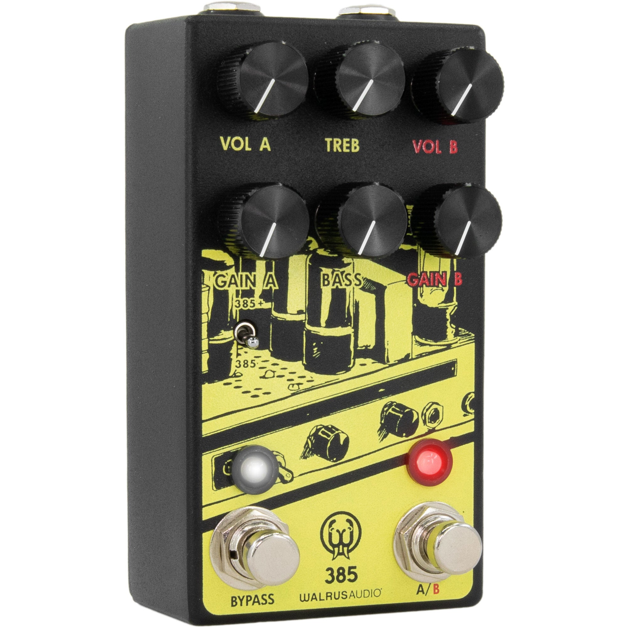 A black effects pedal with yellow labels and knobs. It has three knobs on top and three on the bottom.