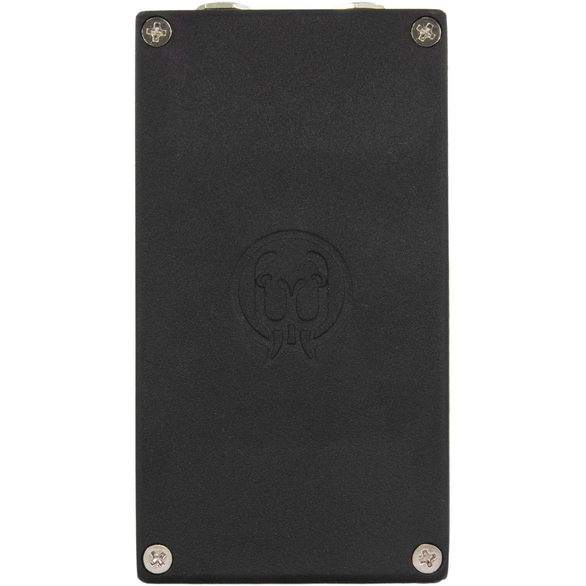 Black enclosure with logo and four screws, white background.