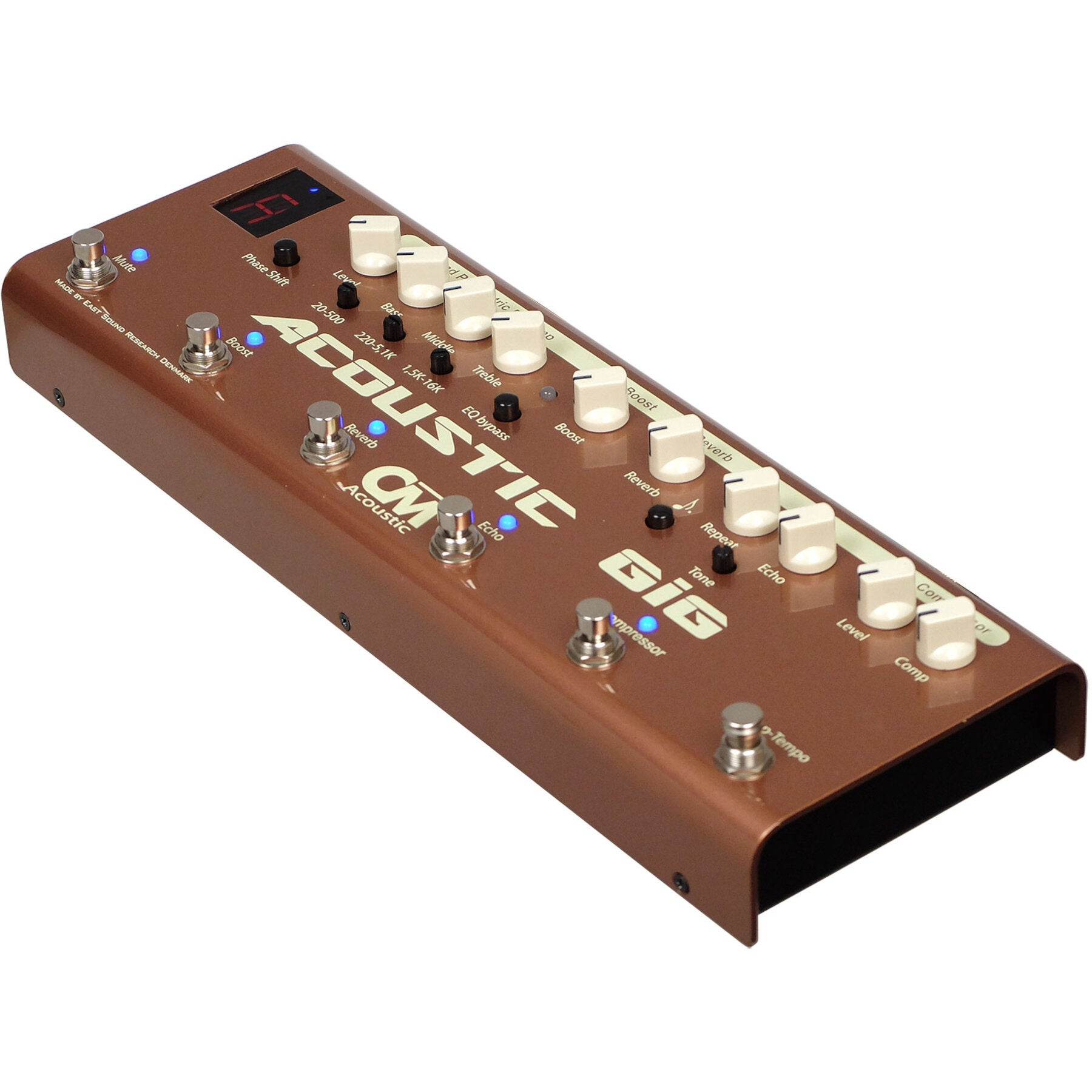 Brown acoustic guitar effects pedal with knobs, footswitches, and digital display.