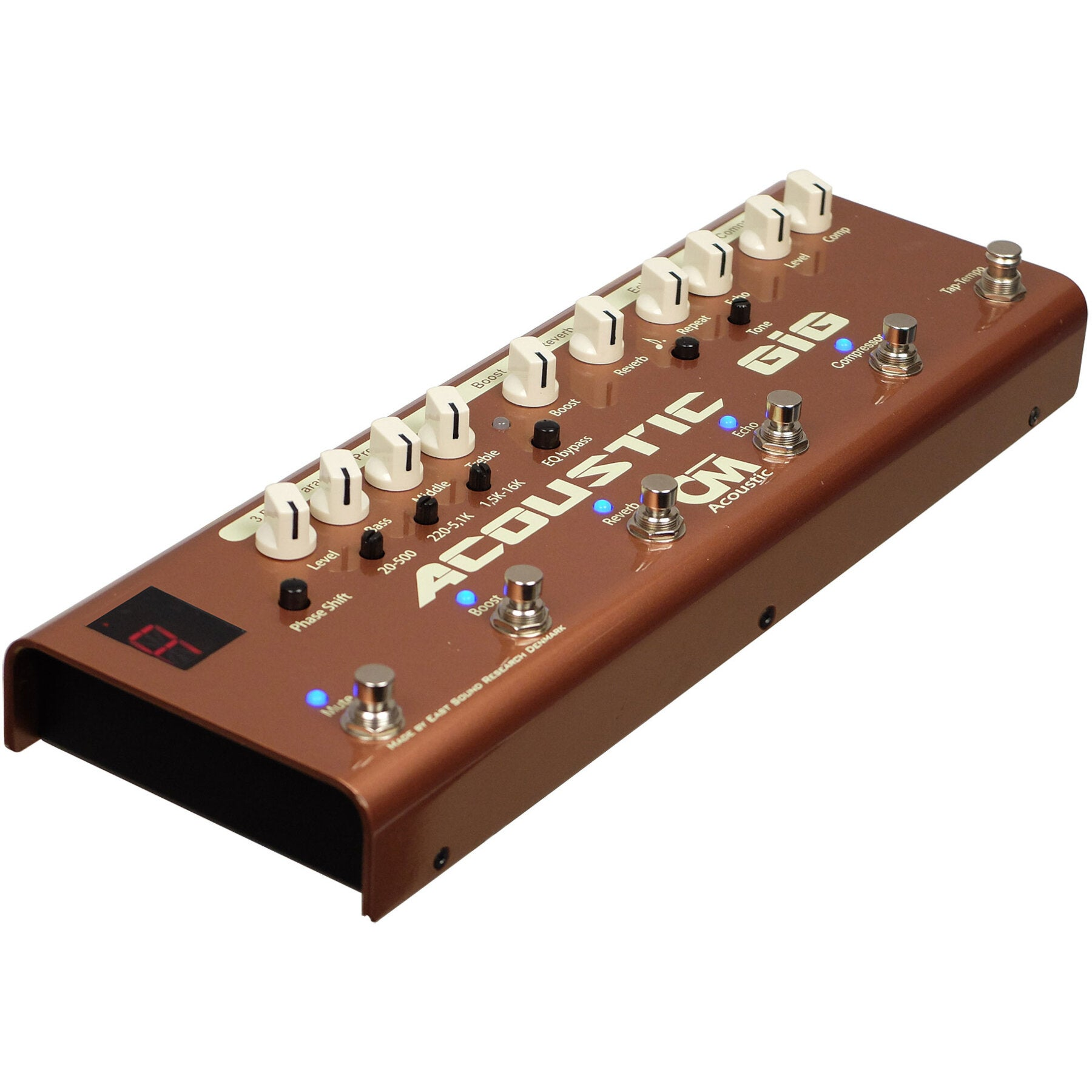 A brown effect pedal with many knobs, switches, and a display.