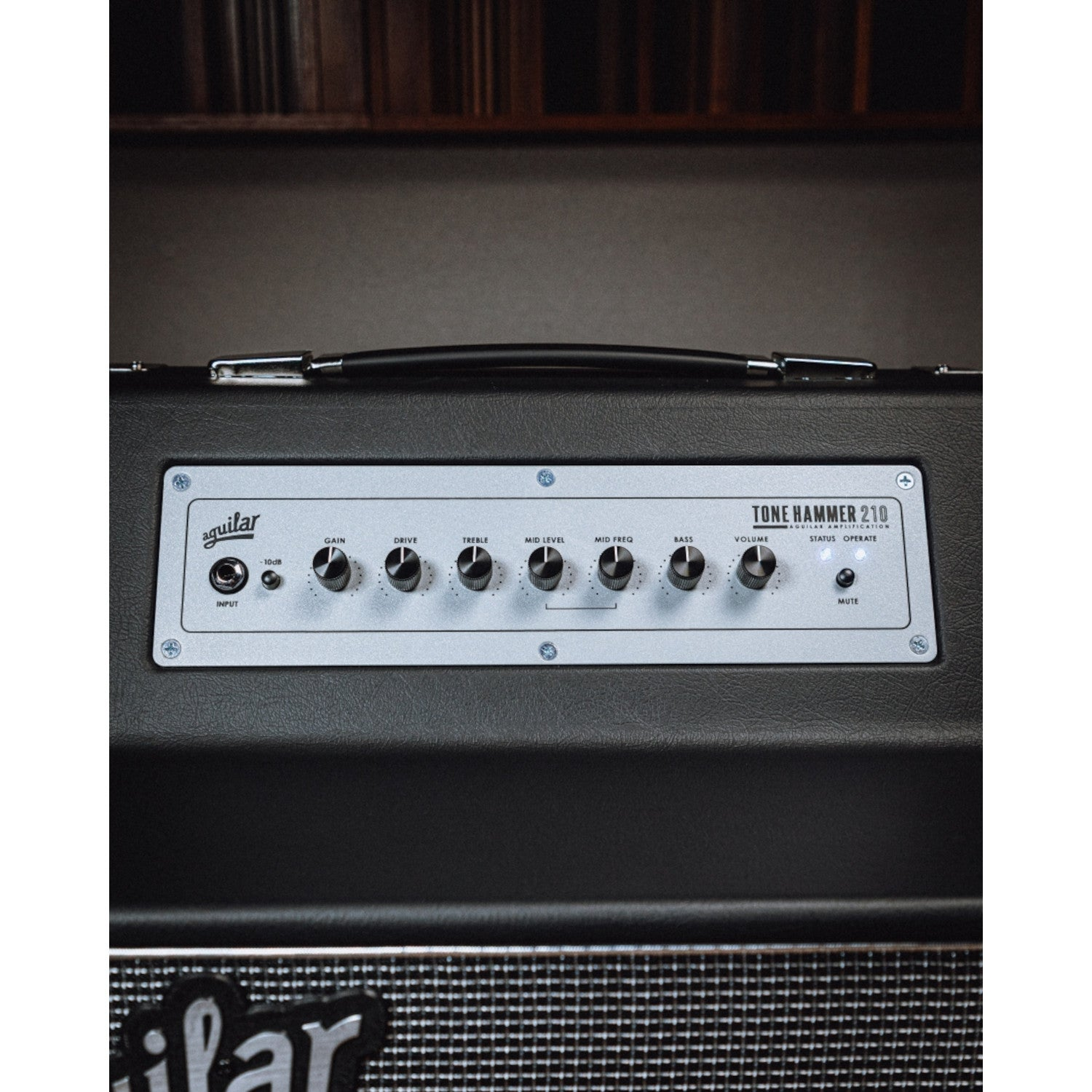 Zwarte Aguilar Tone Hammer 210 versterker met zilveren bedieningspaneel en knoppen.