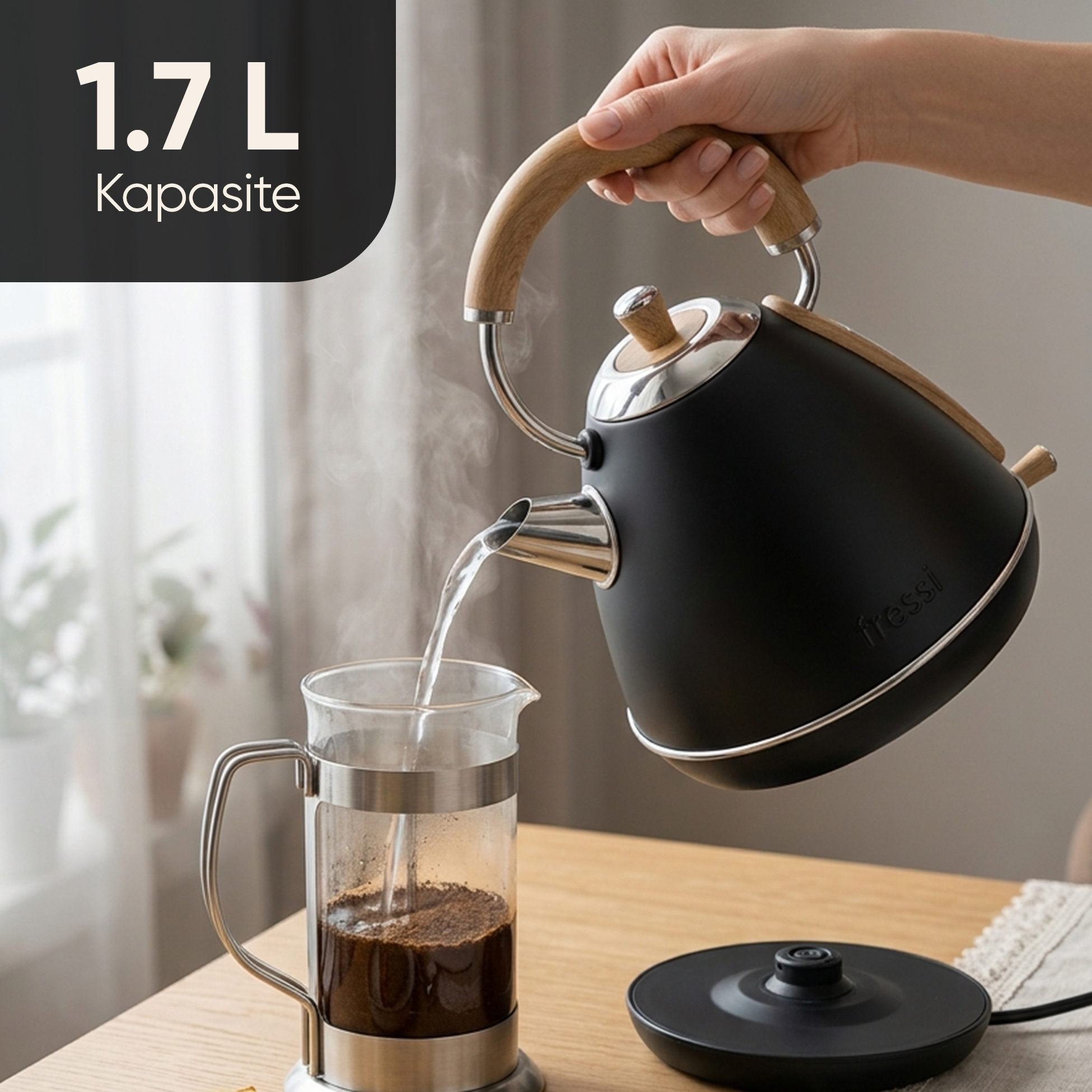 Bir el, siyah bir su ısıtıcısından kahveli French press'e sıcak su döküyor.