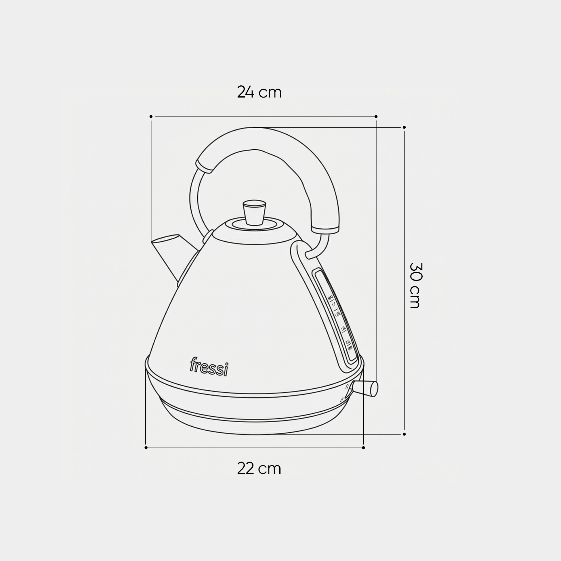 Kettle'ın çizgi çizimi boyutlarıyla: 24 cm genişlik, 30 cm yükseklik, 22 cm derinlik.