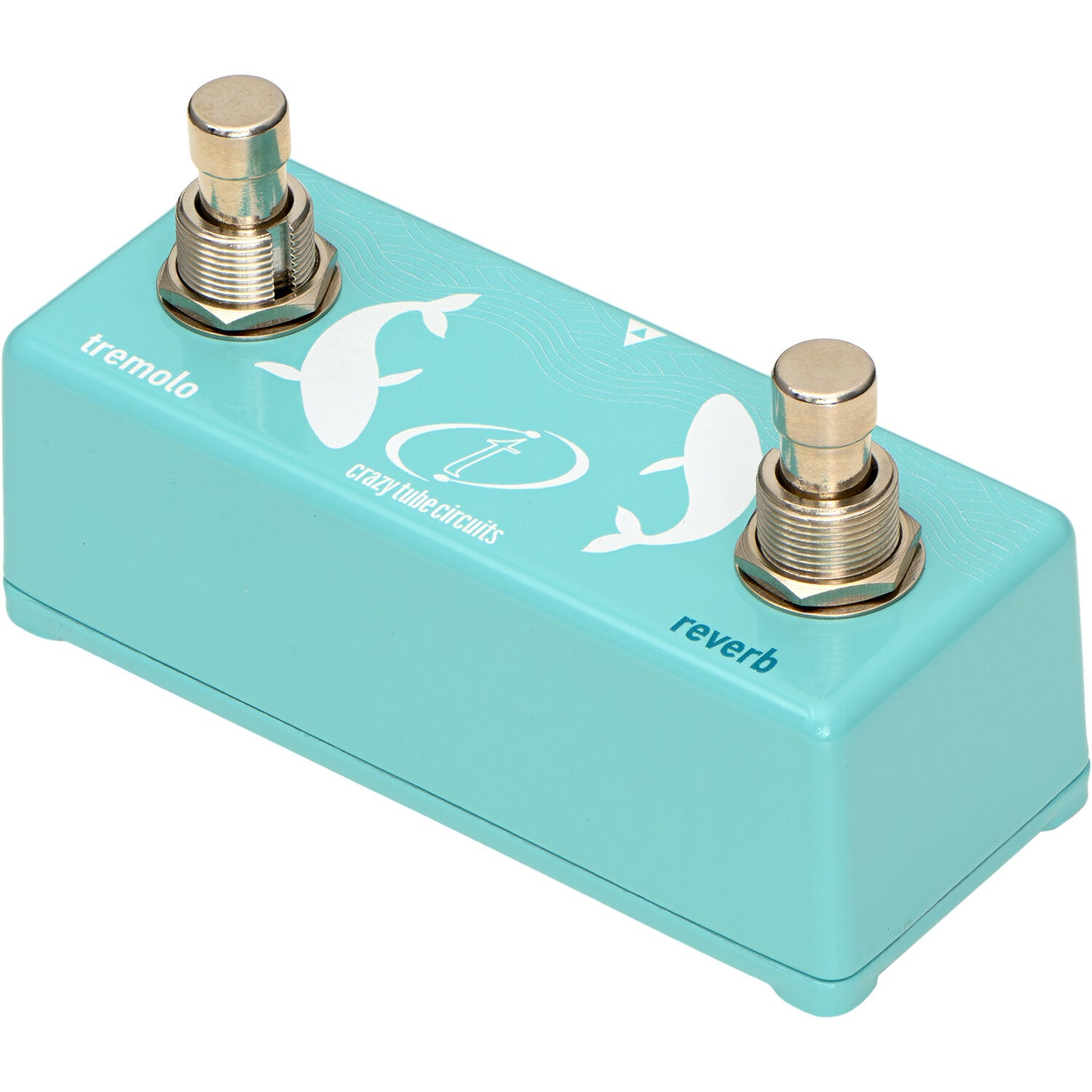 A turquoise guitar pedal with whale graphics and two footswitches.