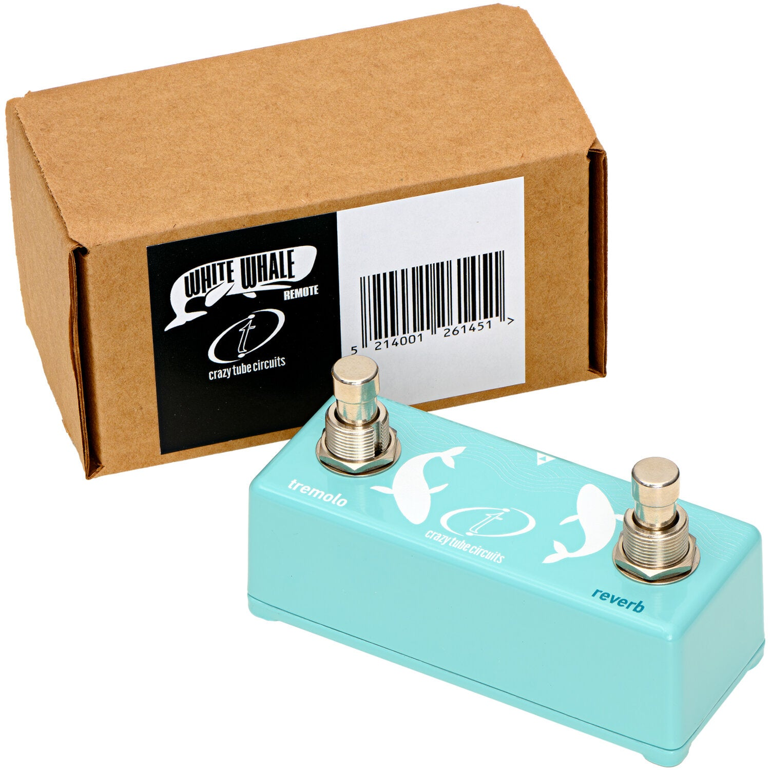 A light blue effect pedal labeled "tremolo" and "reverb", next to a cardboard box.