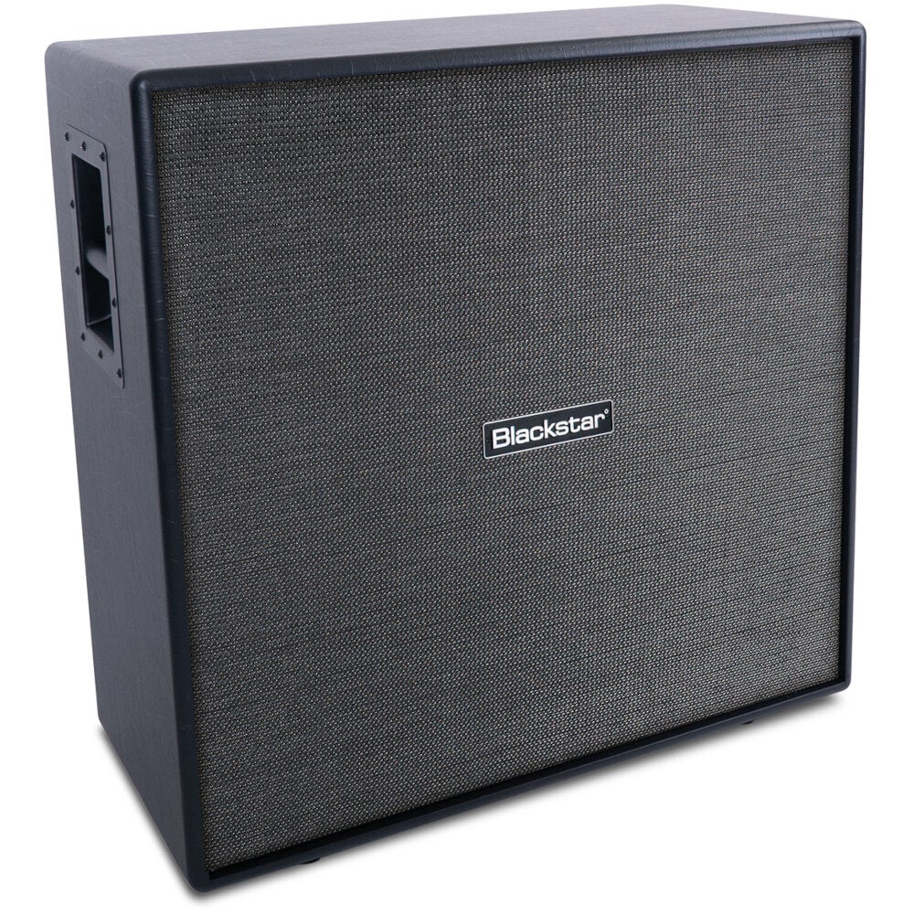 Blackstar guitar speaker cabinet with fabric grill and side handle.