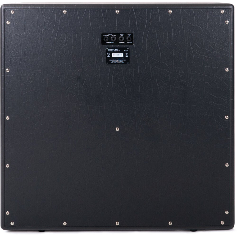 Black guitar amplifier cabinet with silver screws and connectors on the back.