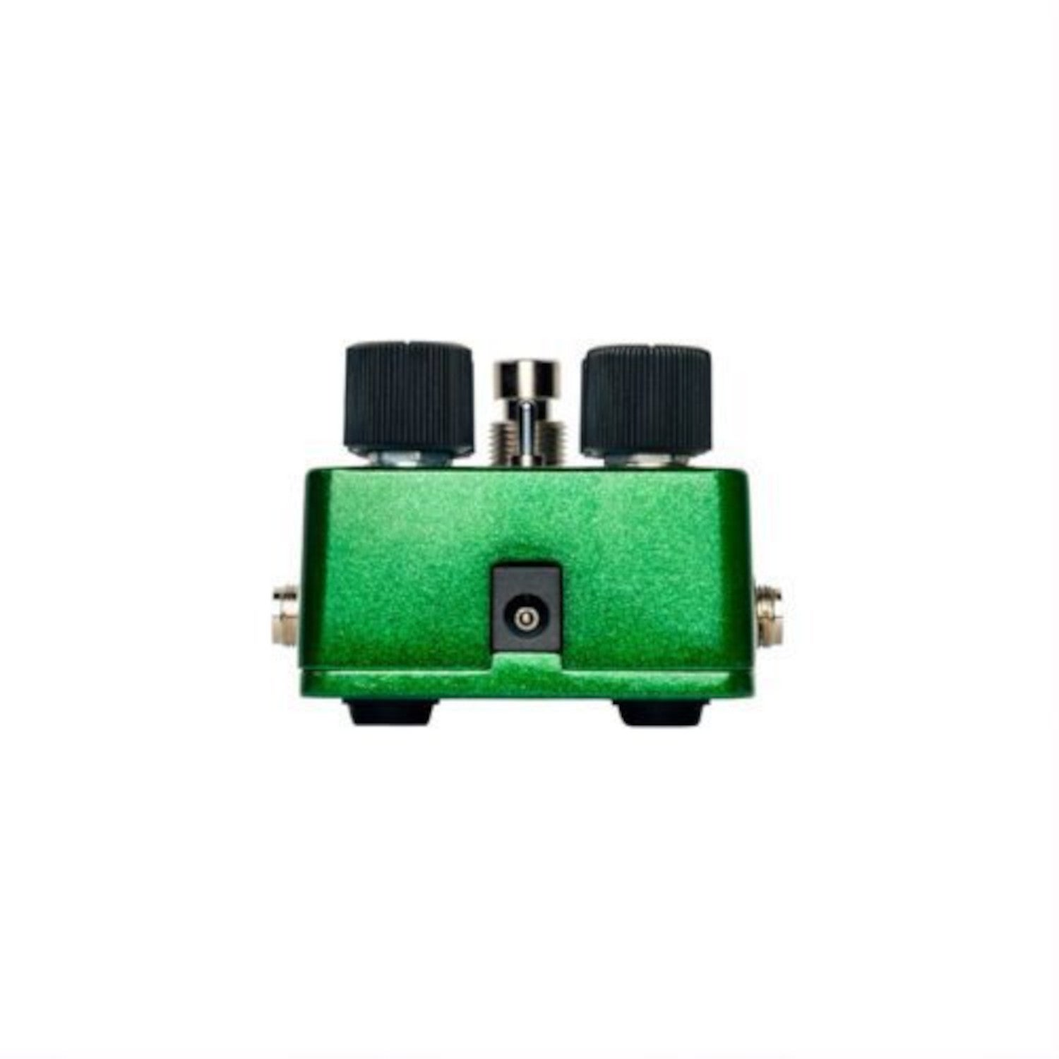 Green effect pedal with two black knobs and a power jack.
