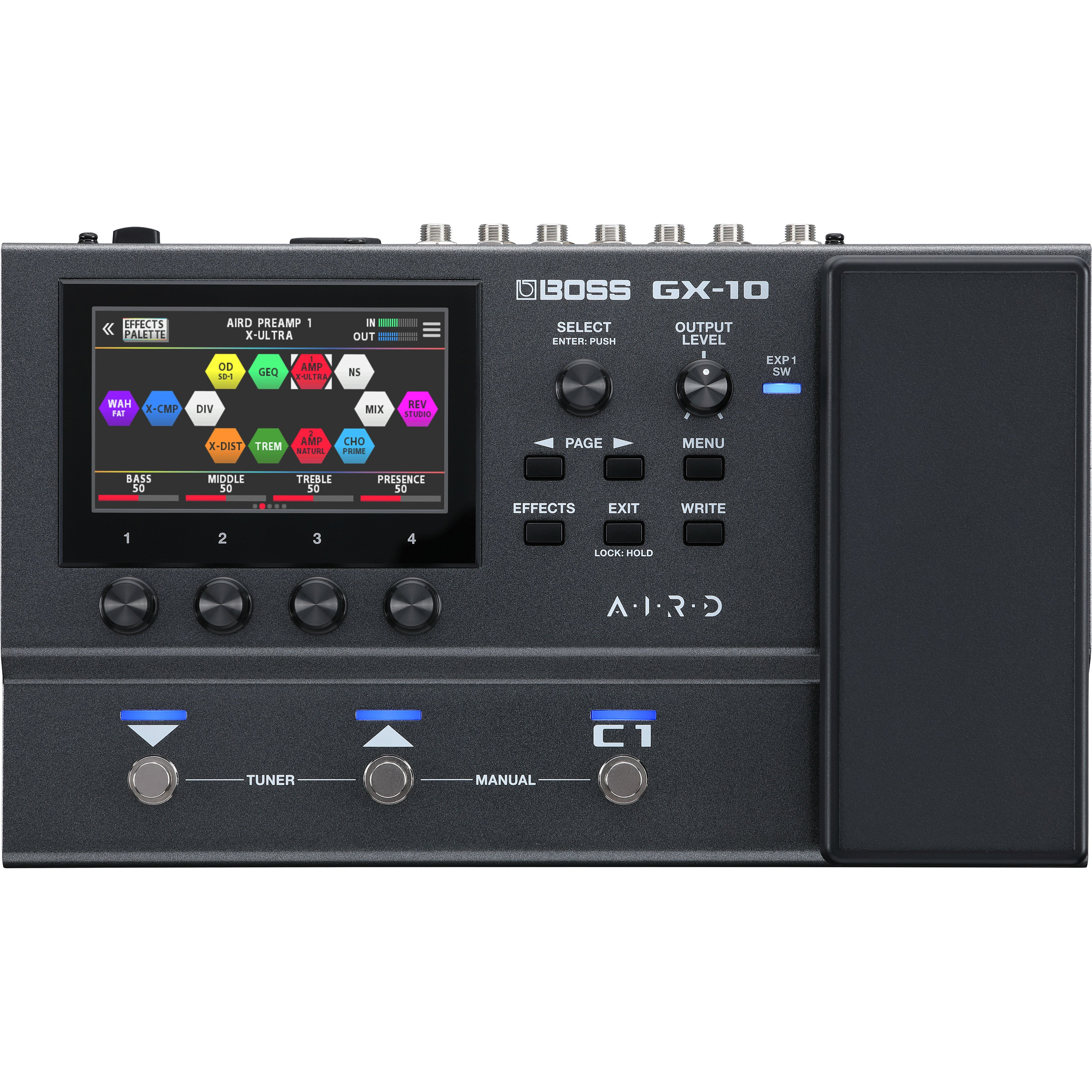 A black Boss GX-10 guitar multi-effects pedal with a screen, knobs, and footswitches.