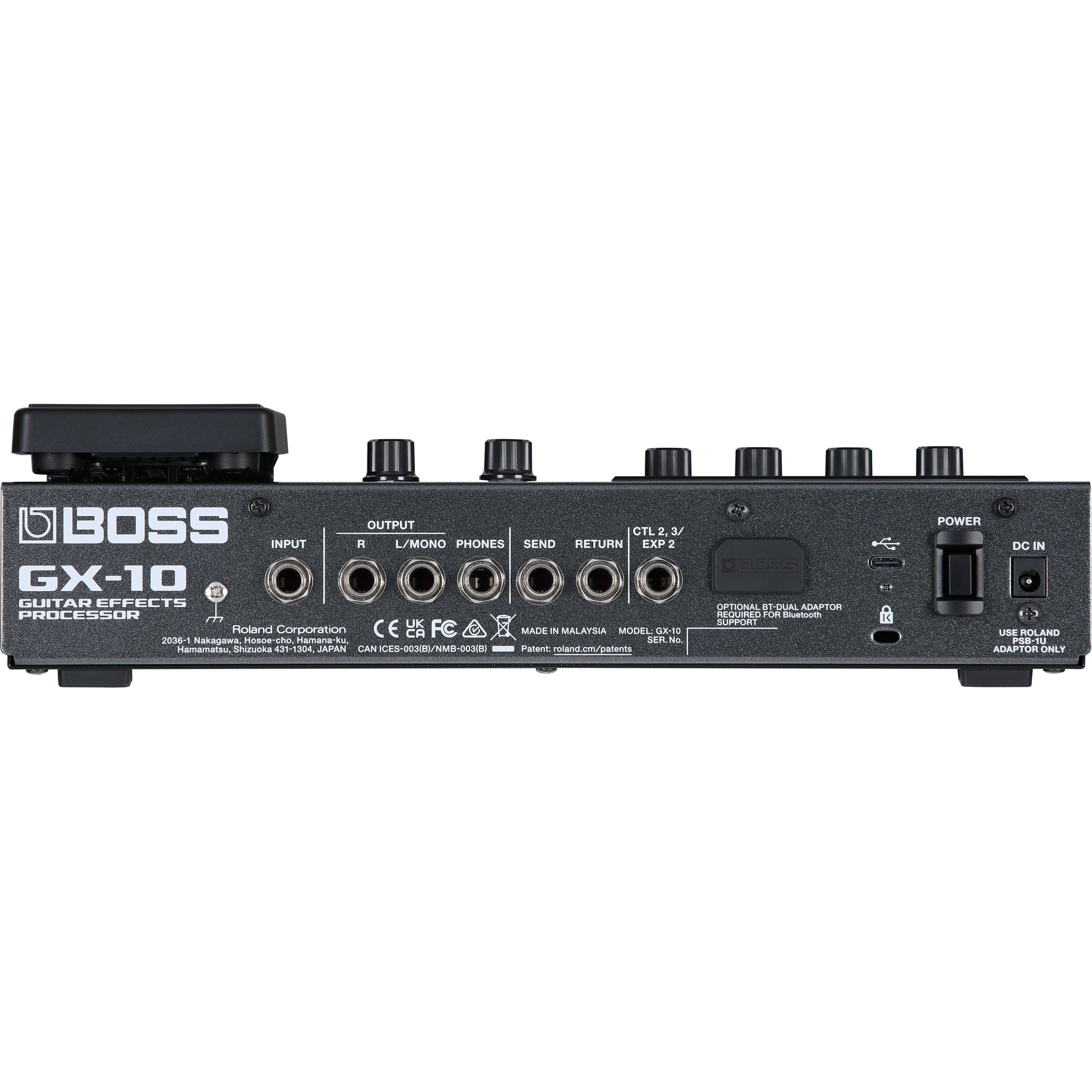 Rear view of a black BOSS GX-10 guitar effects processor with ports.