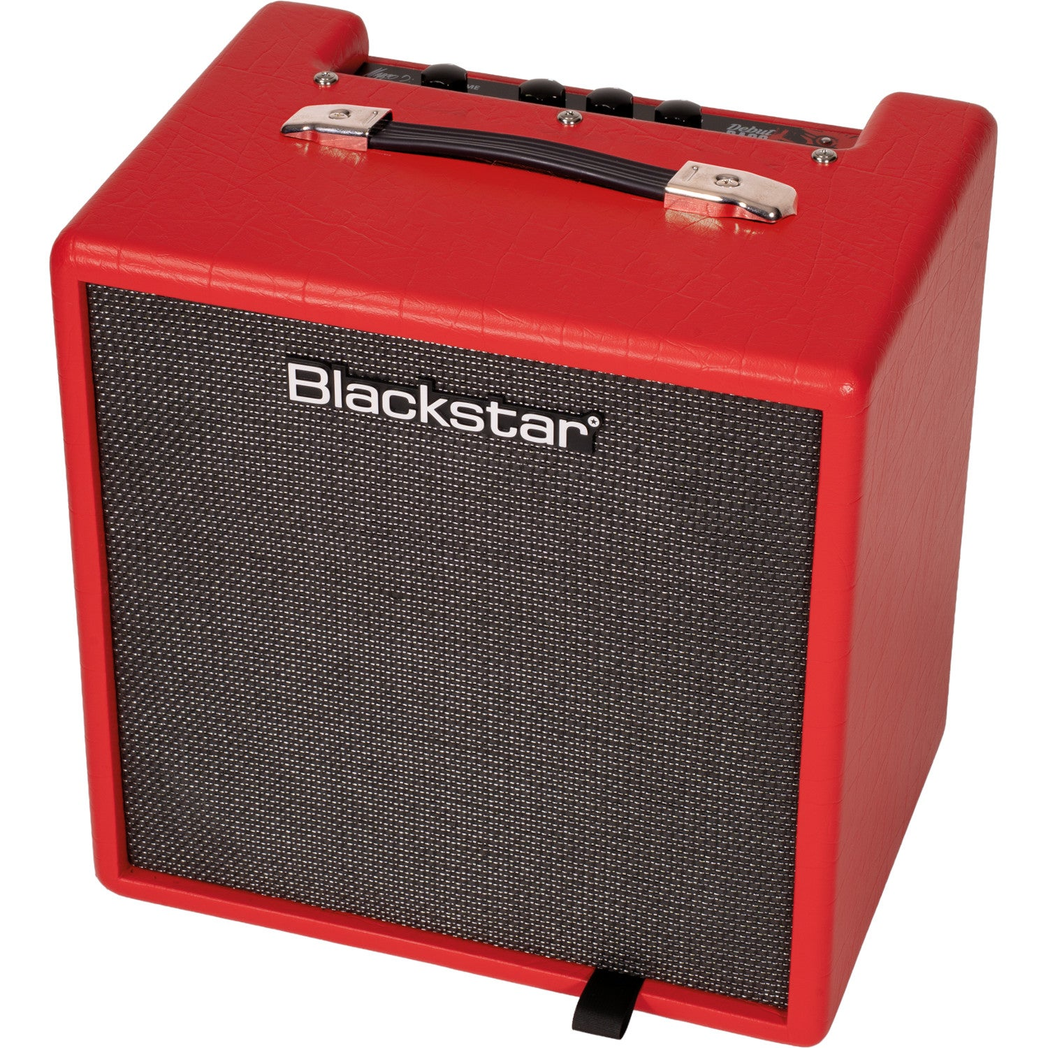 A red guitar amplifier with a black speaker grill and black handle on top.