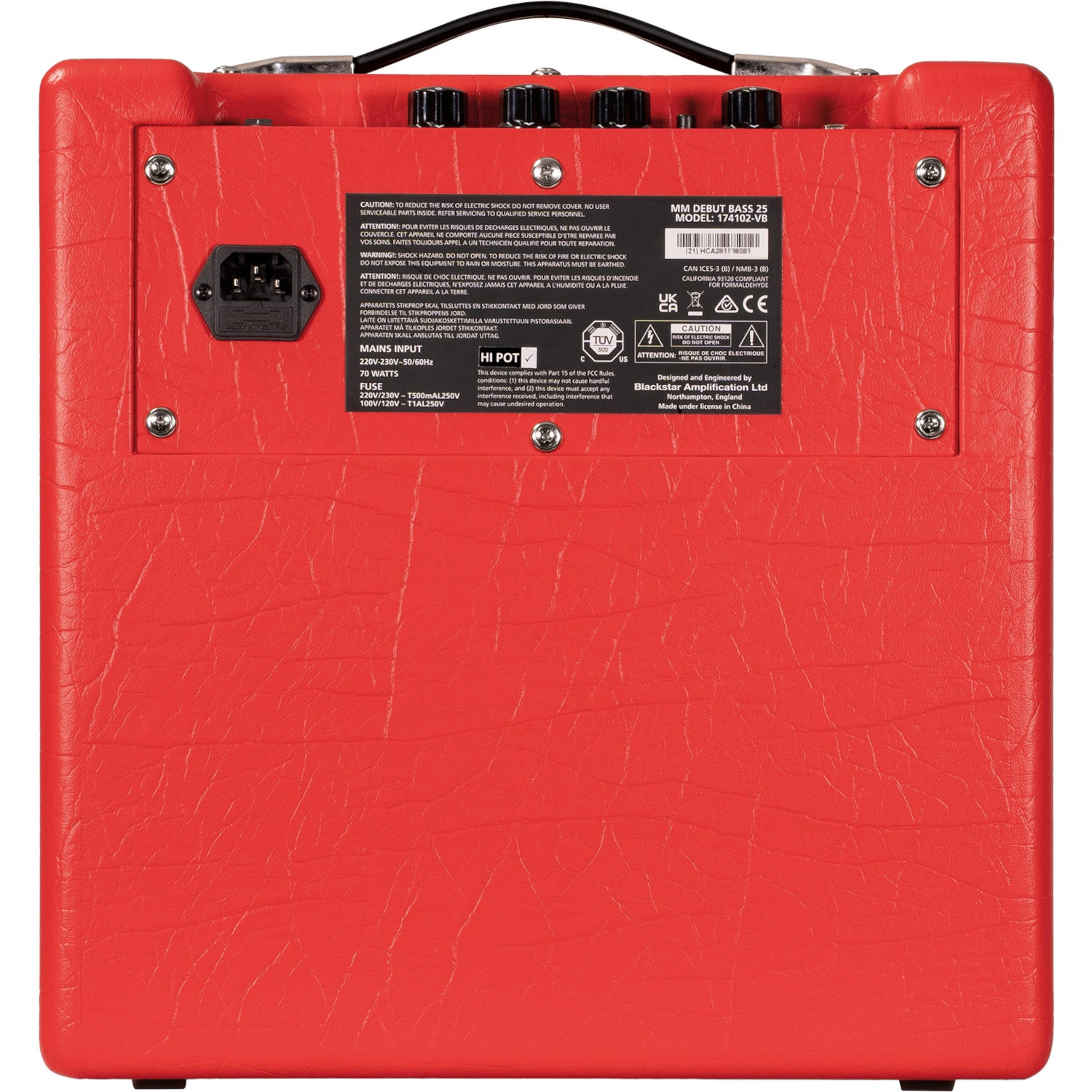 Red rear panel of a guitar amplifier with technical information and connectors.