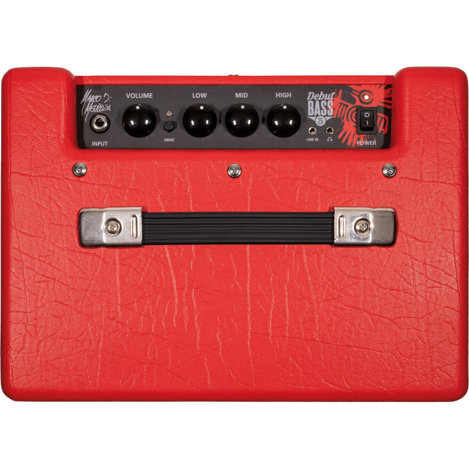 Red bass amplifier with knobs: Volume, Low, Mid, High, Drive, Line In, Power.