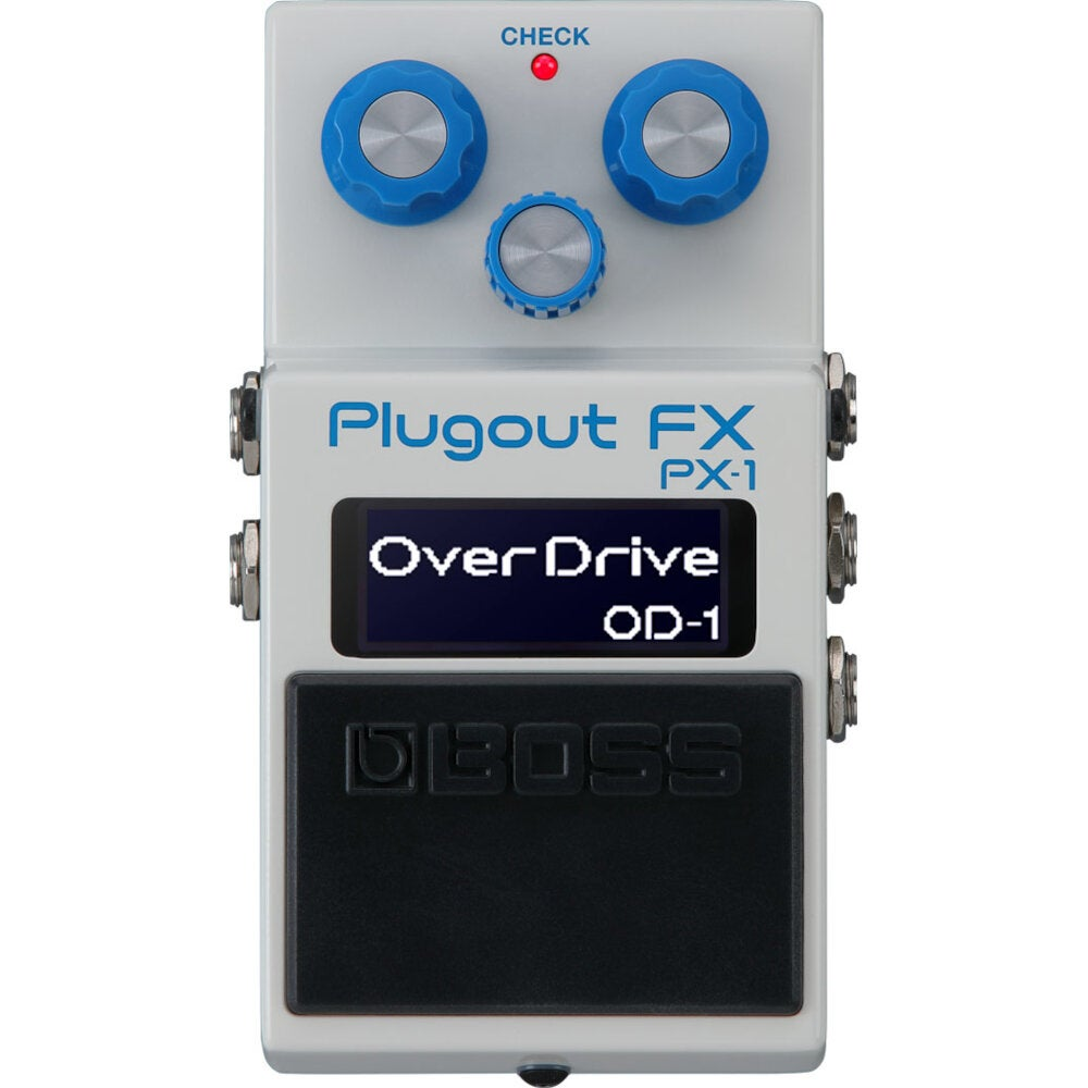 A white Boss Overdrive pedal with blue knobs and a display screen.