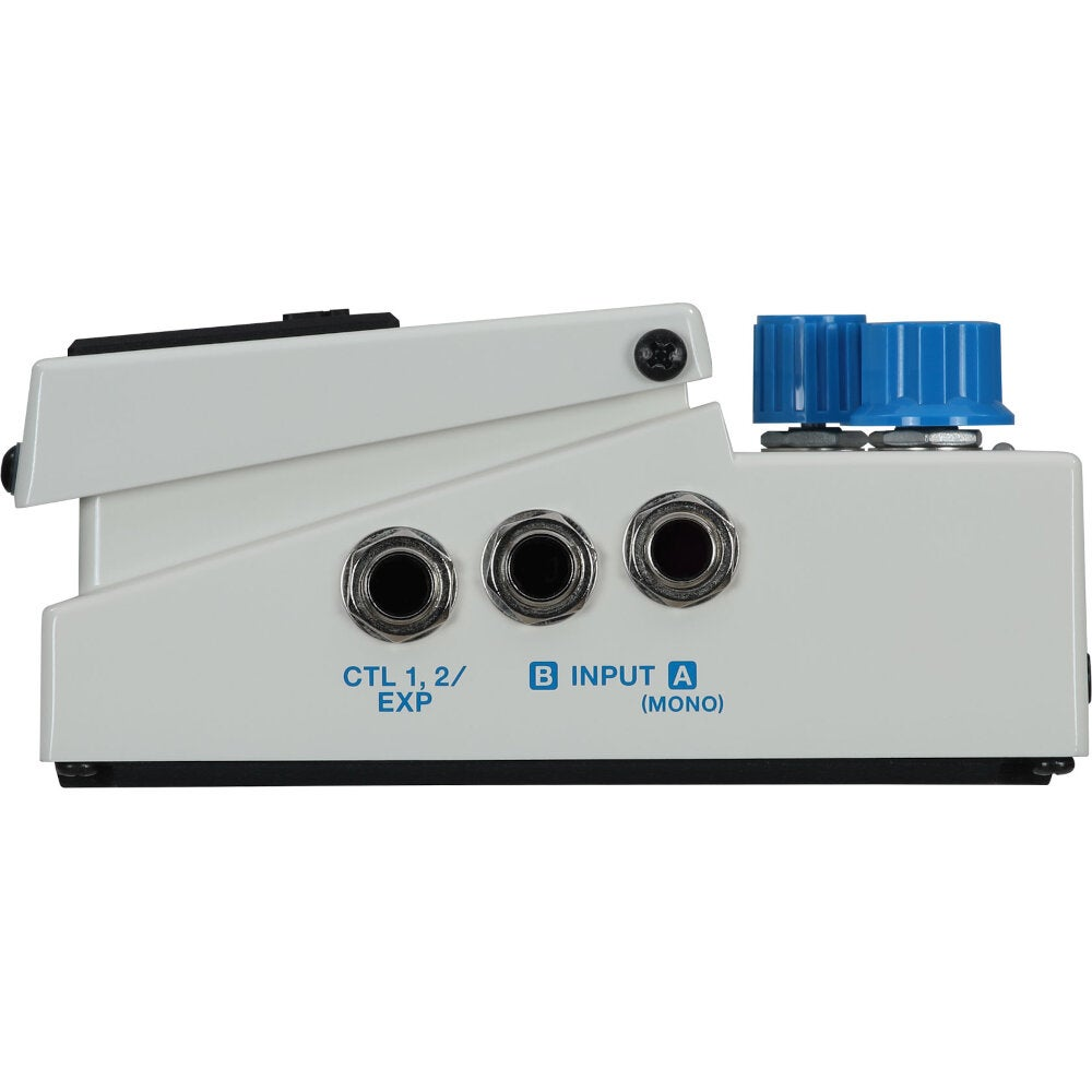 White pedal with two blue knobs and jacks.