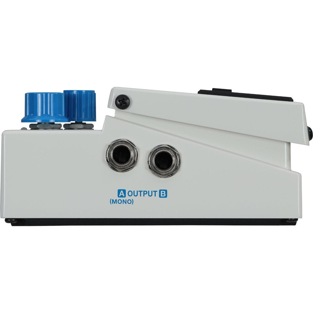 White guitar effect pedal with two blue knobs and two jacks labeled A and B.