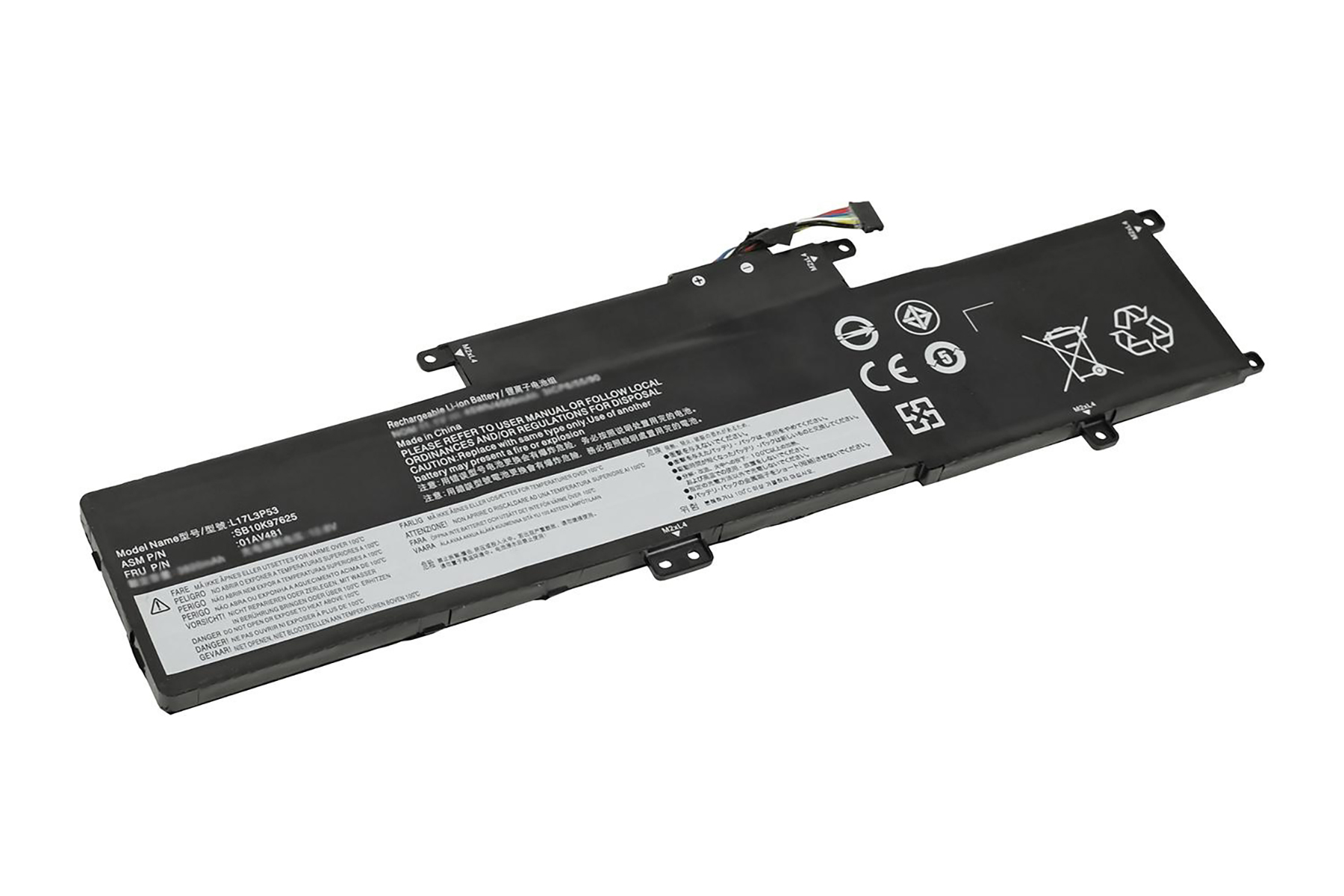 Schwarzer Laptop-Akku mit weißen und schwarzen Aufklebern, Kabel und Anschlüssen.