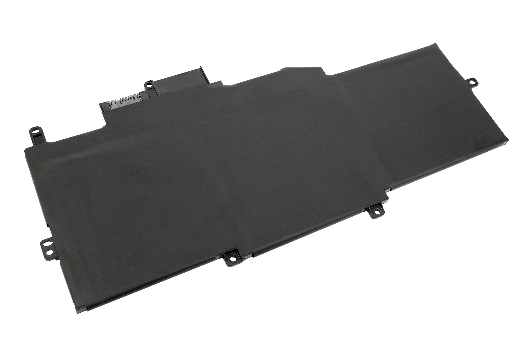 Ein schwarzer Laptop-Akku mit Anschlusskabel, auf weißem Hintergrund.