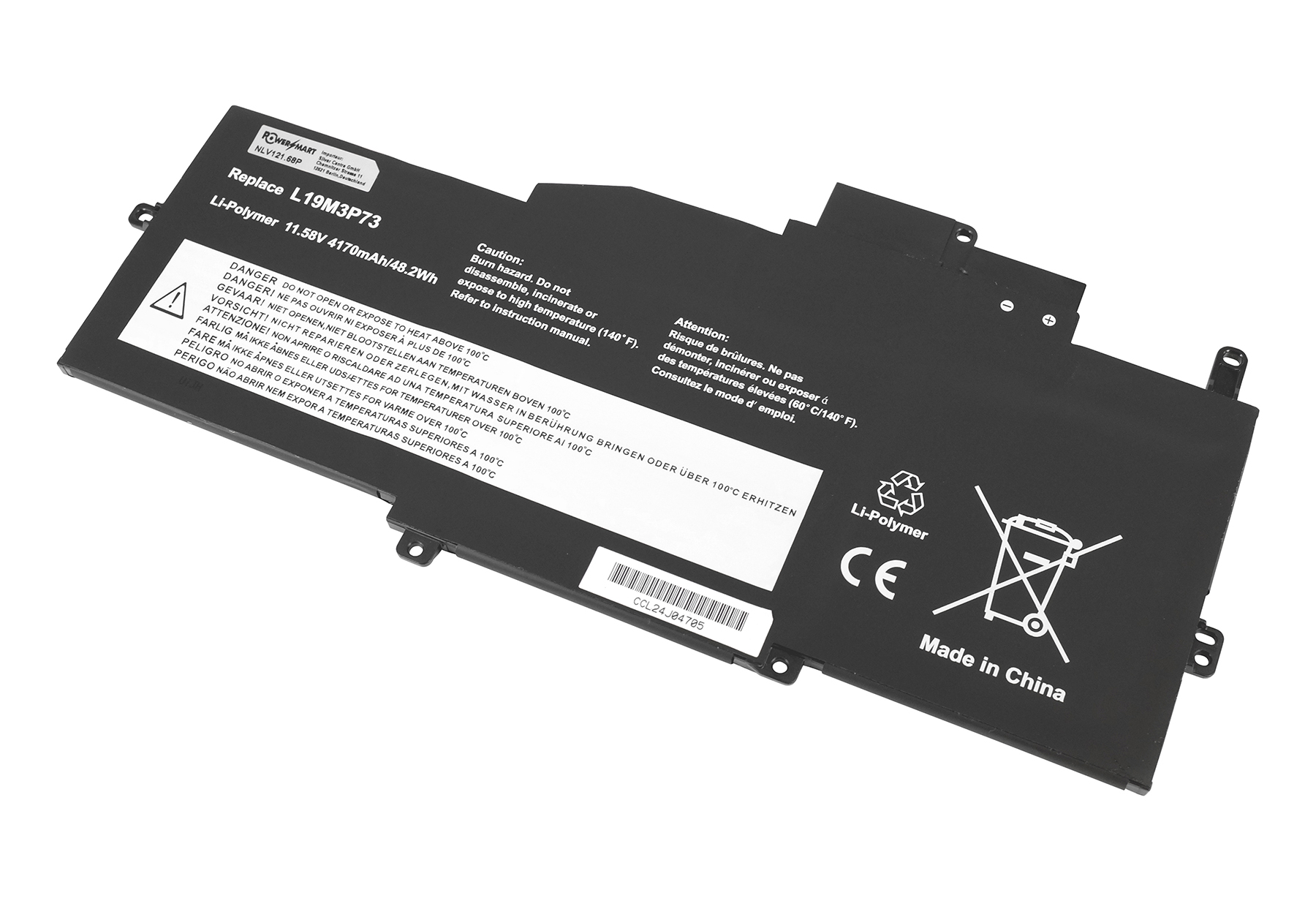 Schwarzer Li-Polymer Akku L19M3P73, 11.58V, mit Warnhinweisen und CE-Zeichen.